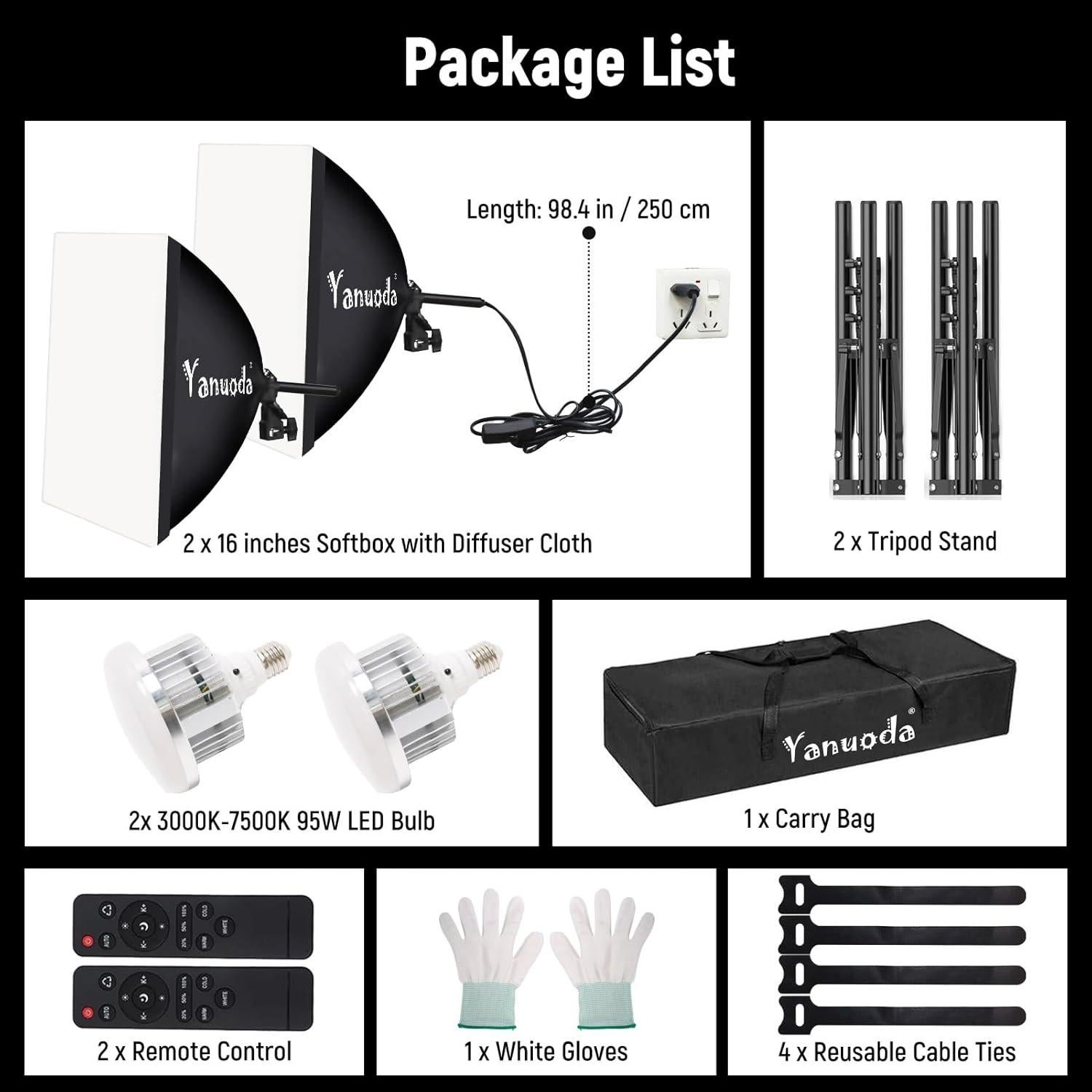 Kit de Iluminación Softbox Yanuoda 2x95W LED Ajustable 3000K-7500K