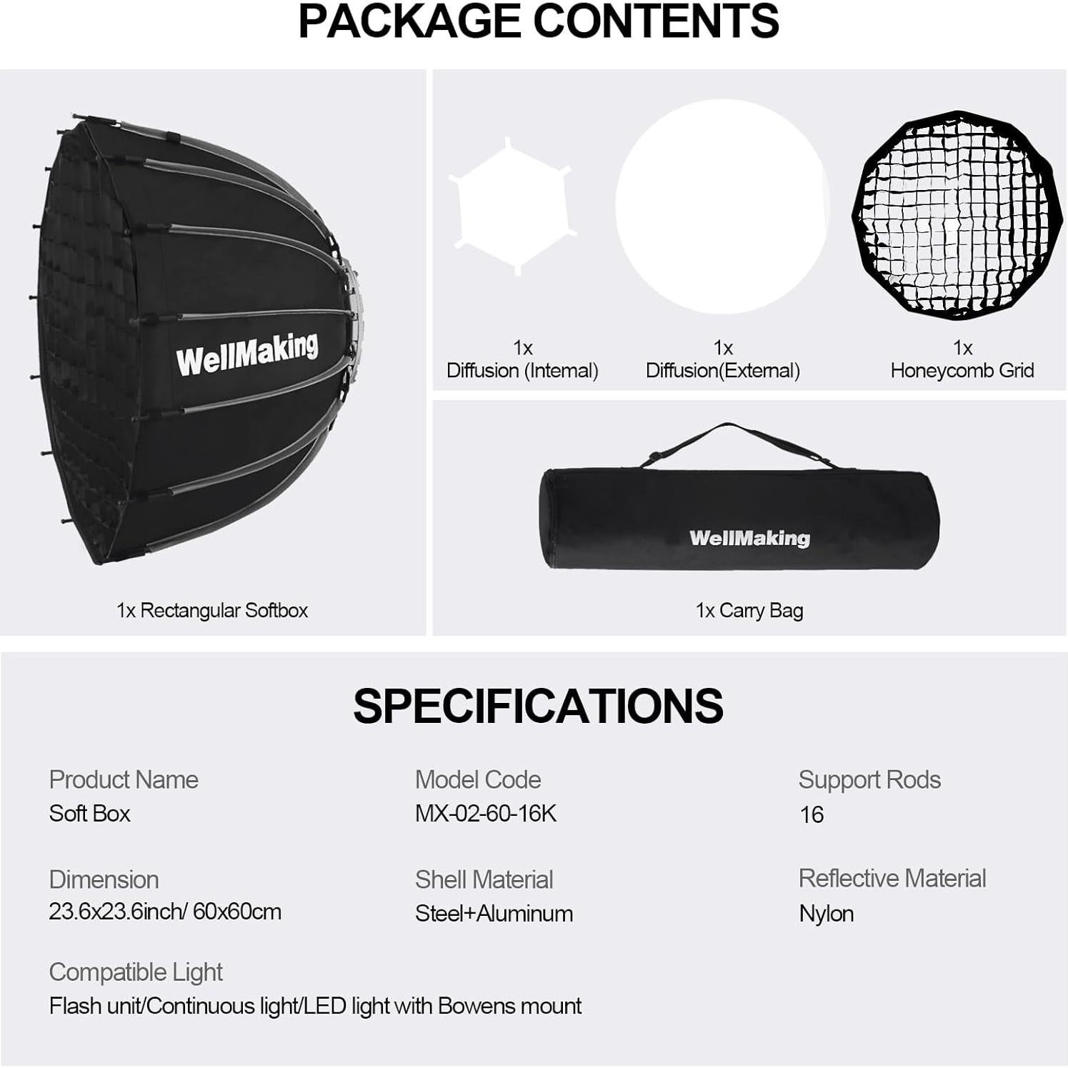 Softbox Parabólico Dodecágono WELLMAKING 65cm 16K con Difusores