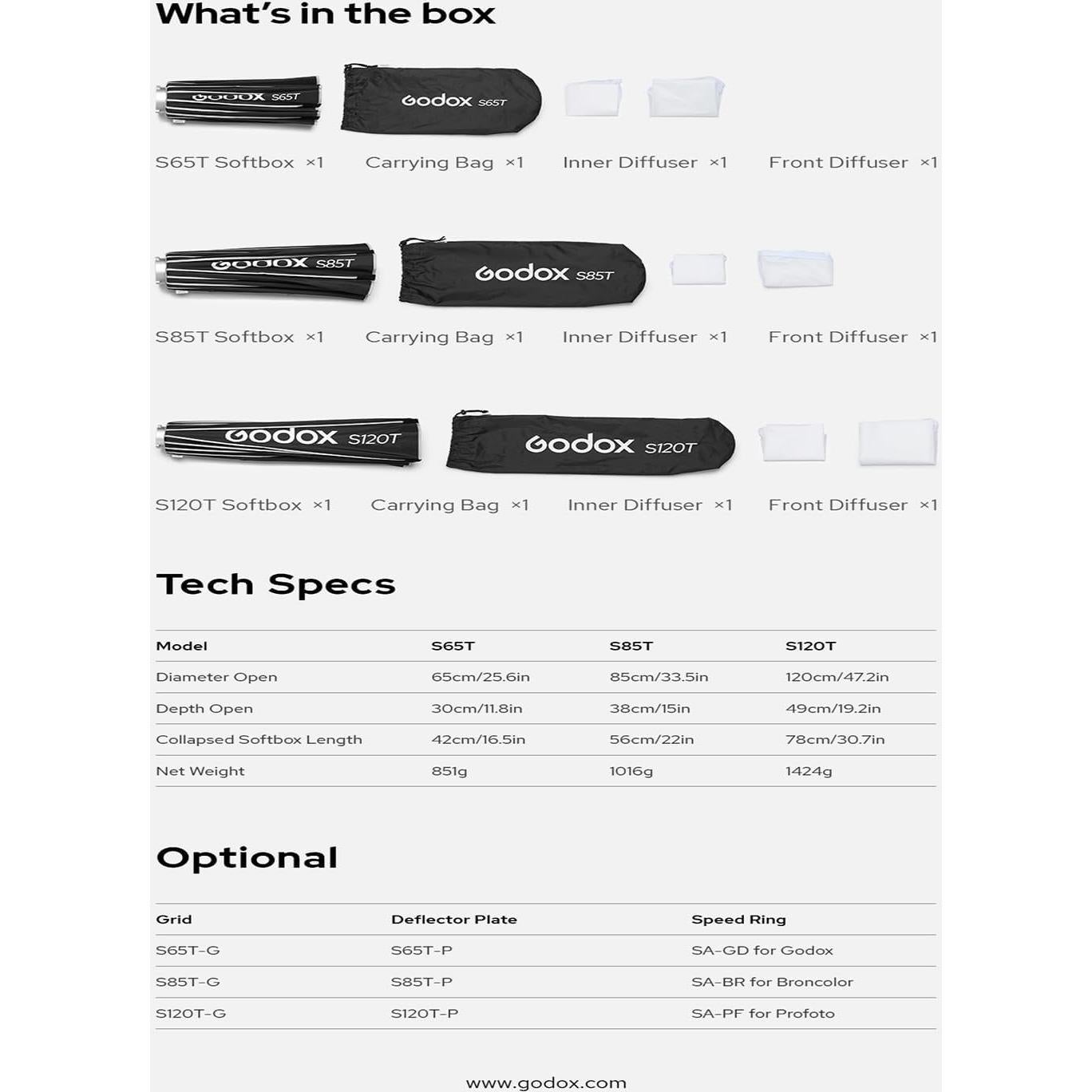 Godox Softbox S65T 65cm con Grid Montaje Bowens Portátil