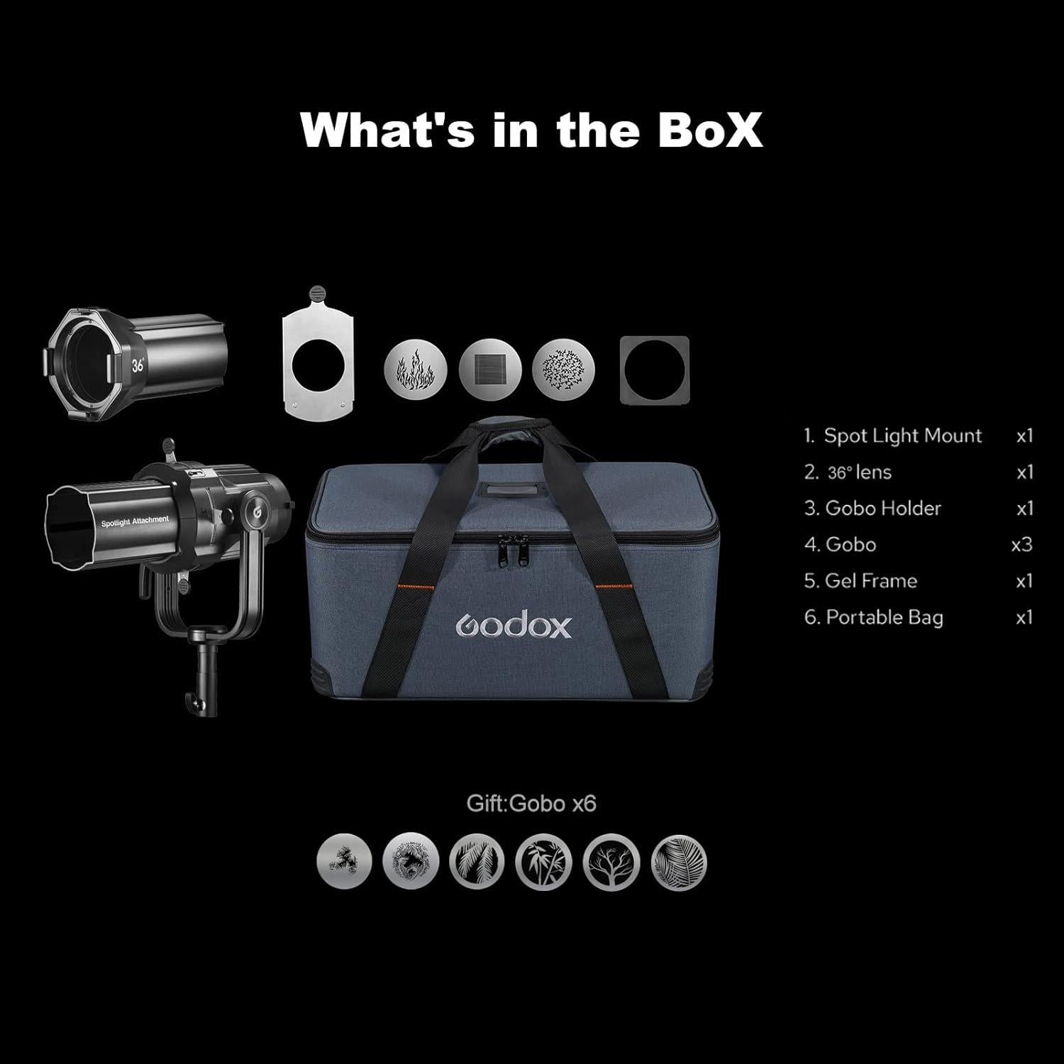 Kit de Accesorios Godox VSA-36K Snoot Cónico 36° con 9 Gobos