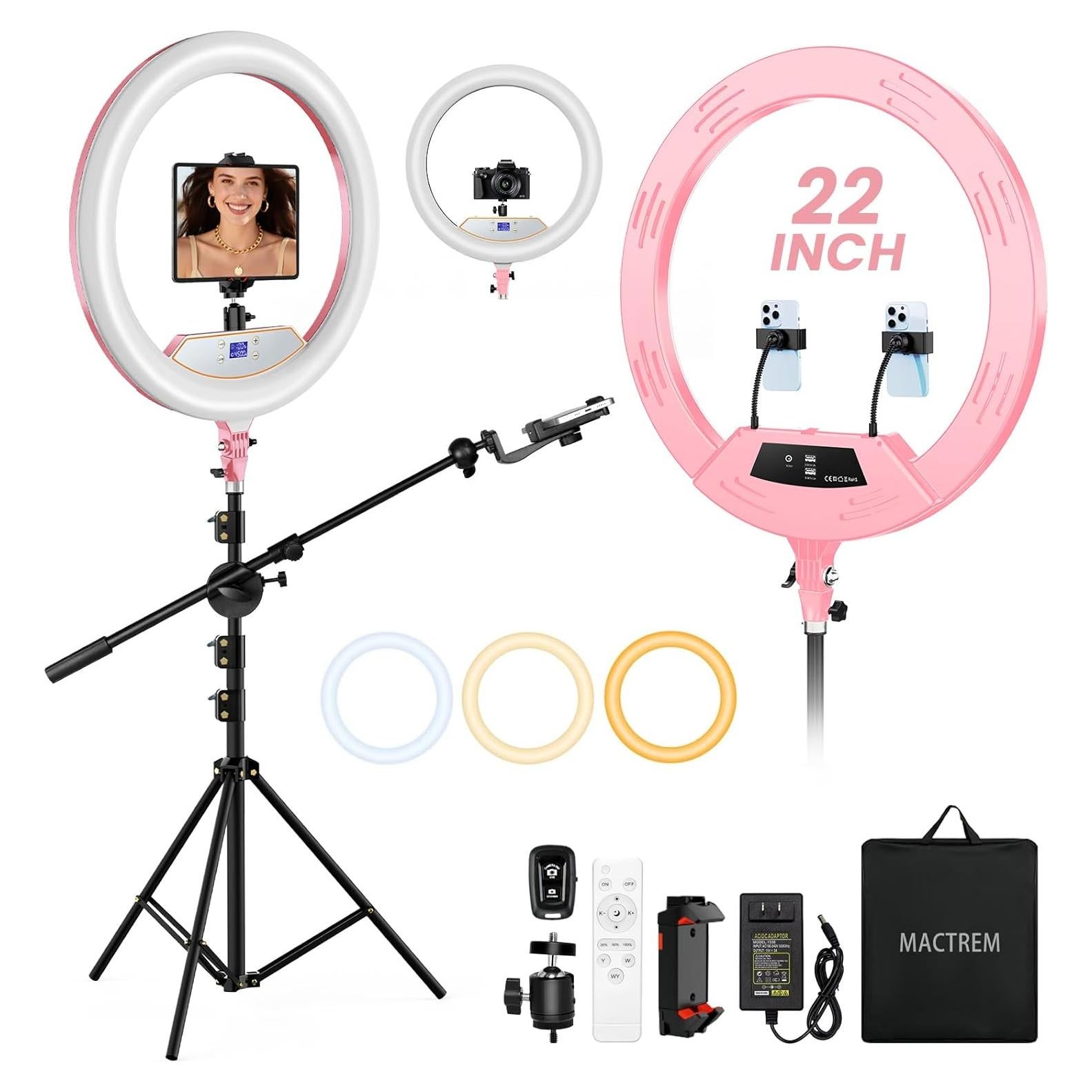 Aro de Luz LED 22" MACTREM con Trípode y Soporte Rosa