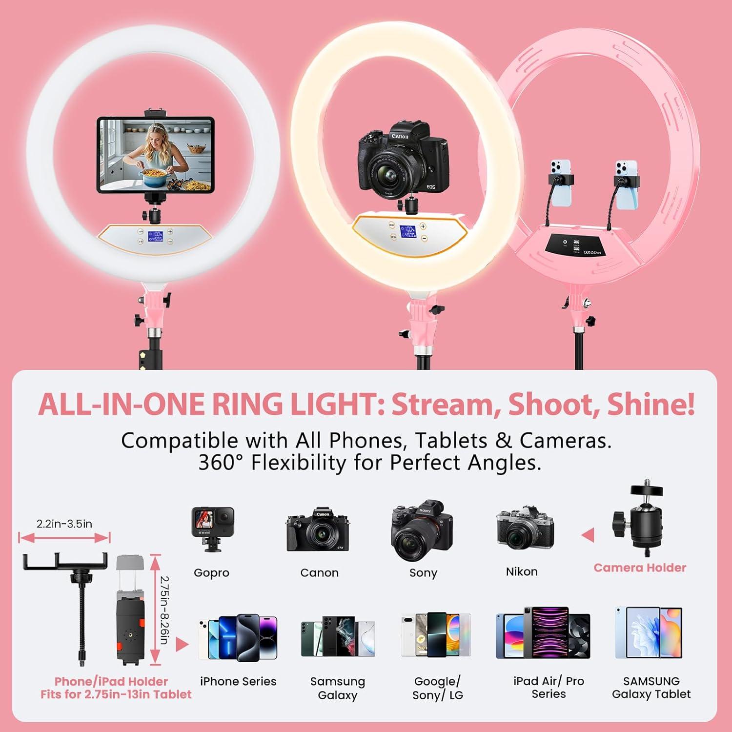 Aro de Luz LED 22" MACTREM con Trípode y Soporte Rosa