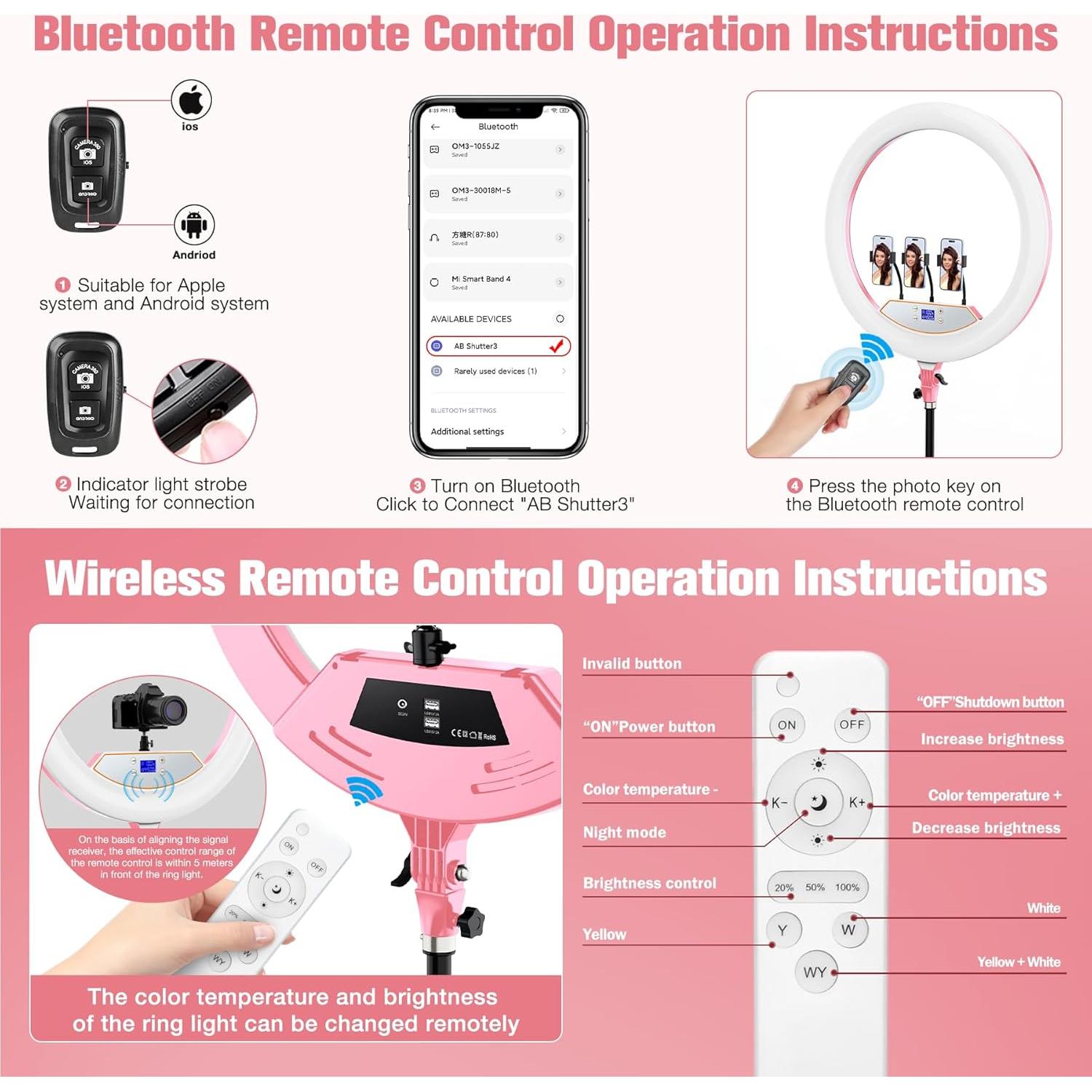 Aro de Luz LED 22" MACTREM con Trípode y Soporte Rosa