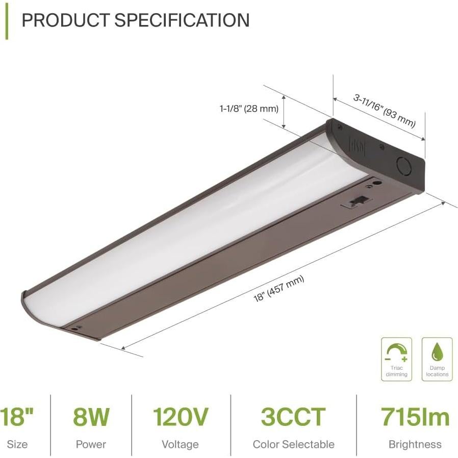 ASD LED Under Cabinet Lighting Bronze, 18 inch 8W 715 LM, Dimmable Hardwired Under Cabinet Lights for Kitchen, 3000K/4000K/5000K, Under Counter Light Fixtures, ETL Energy Star (Has On/Off Switch)