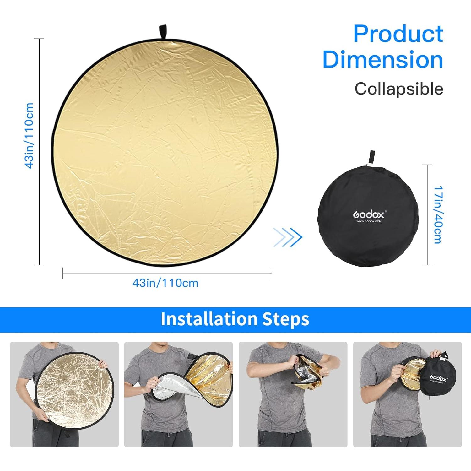 Reflector de Luz 5-en-1 Godox 110cm Plegable con Clip y Bolsa