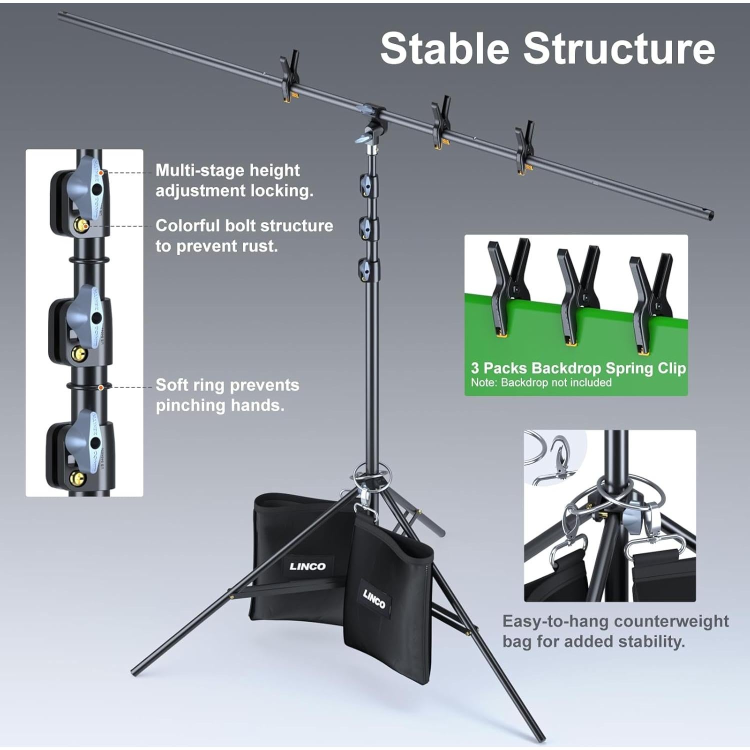 Soporte de Fondo Portátil LINCO 2.9m Ajustable con Clips