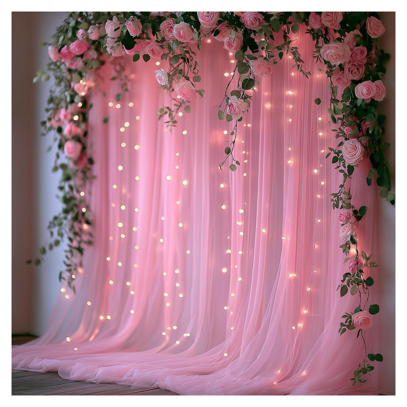 Cortina de Tul Rosa con Luces 3.05x2.44m - 2 Paneles