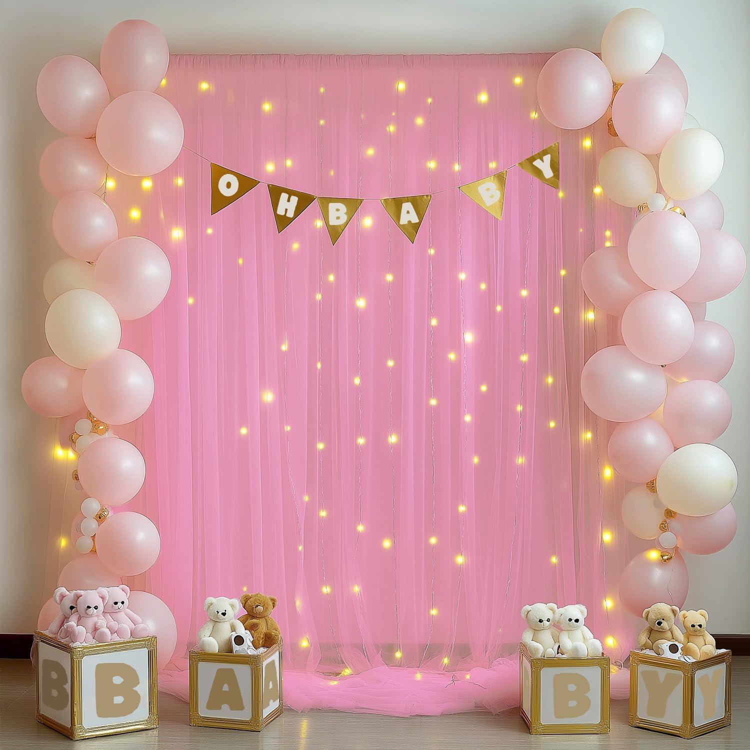 Cortina de Tul Rosa con Luces 3.05x2.44m - 2 Paneles