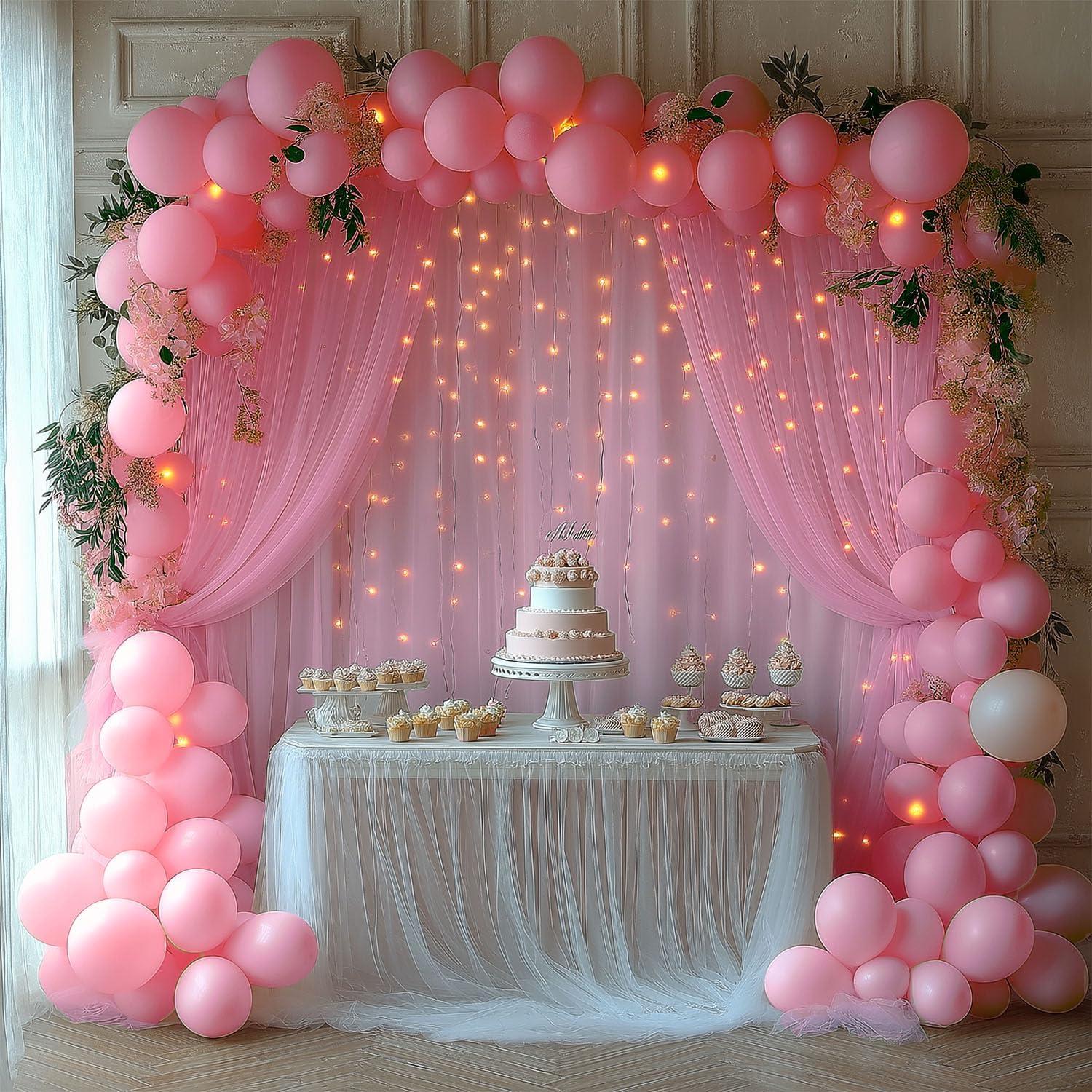 Cortina de Tul Rosa con Luces 3.05x2.44m - 2 Paneles