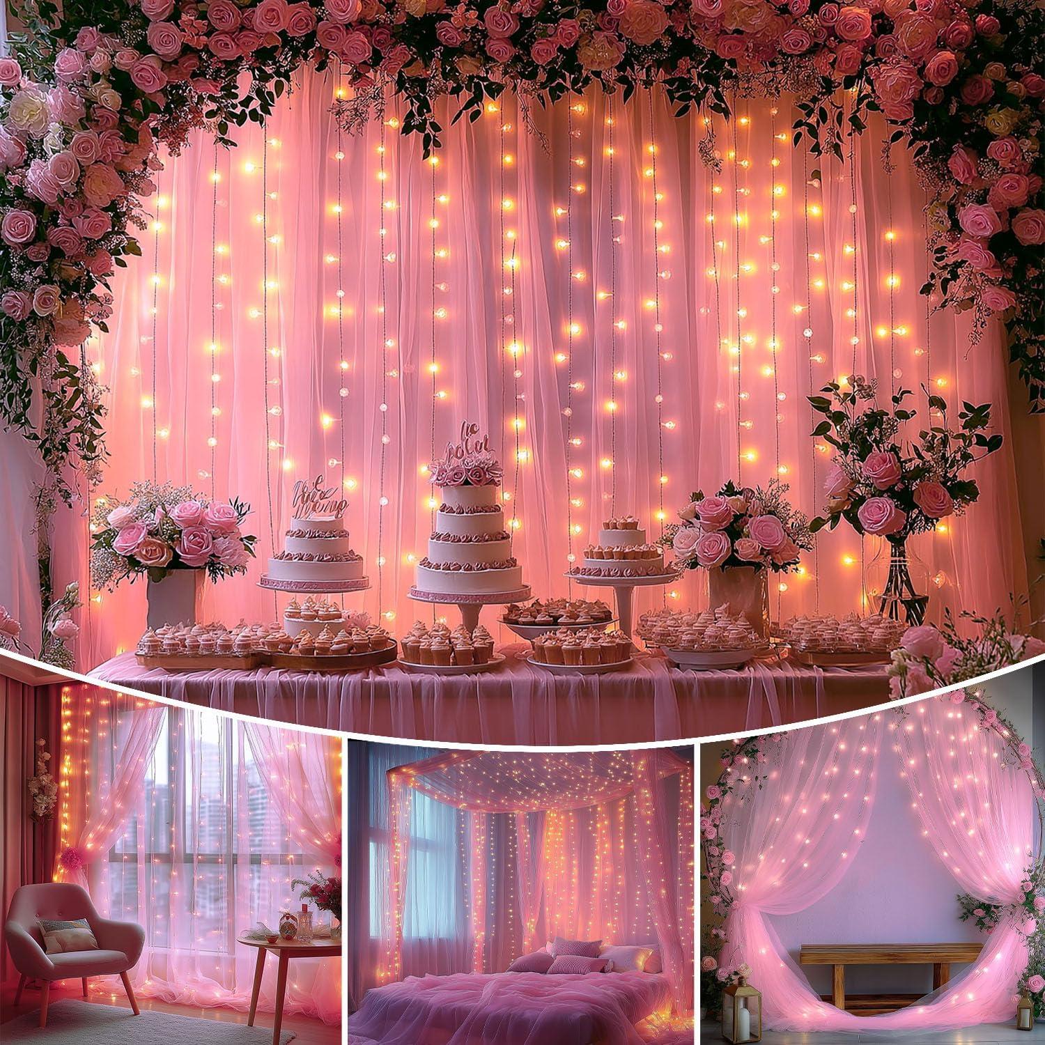 Cortina de Tul Rosa con Luces 3.05x2.44m - 2 Paneles