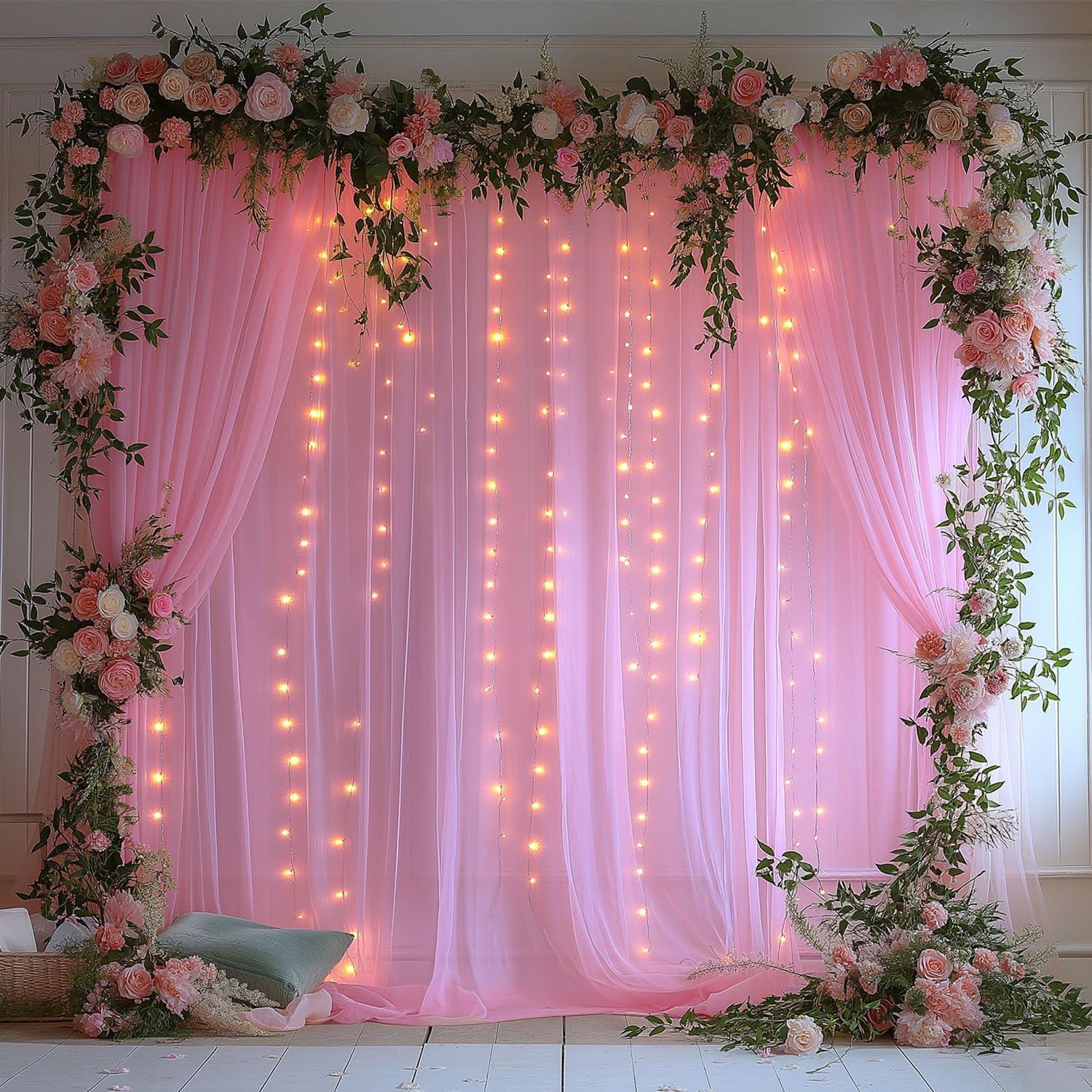 Cortina de Tul Rosa con Luces 3.05x2.44m - 2 Paneles