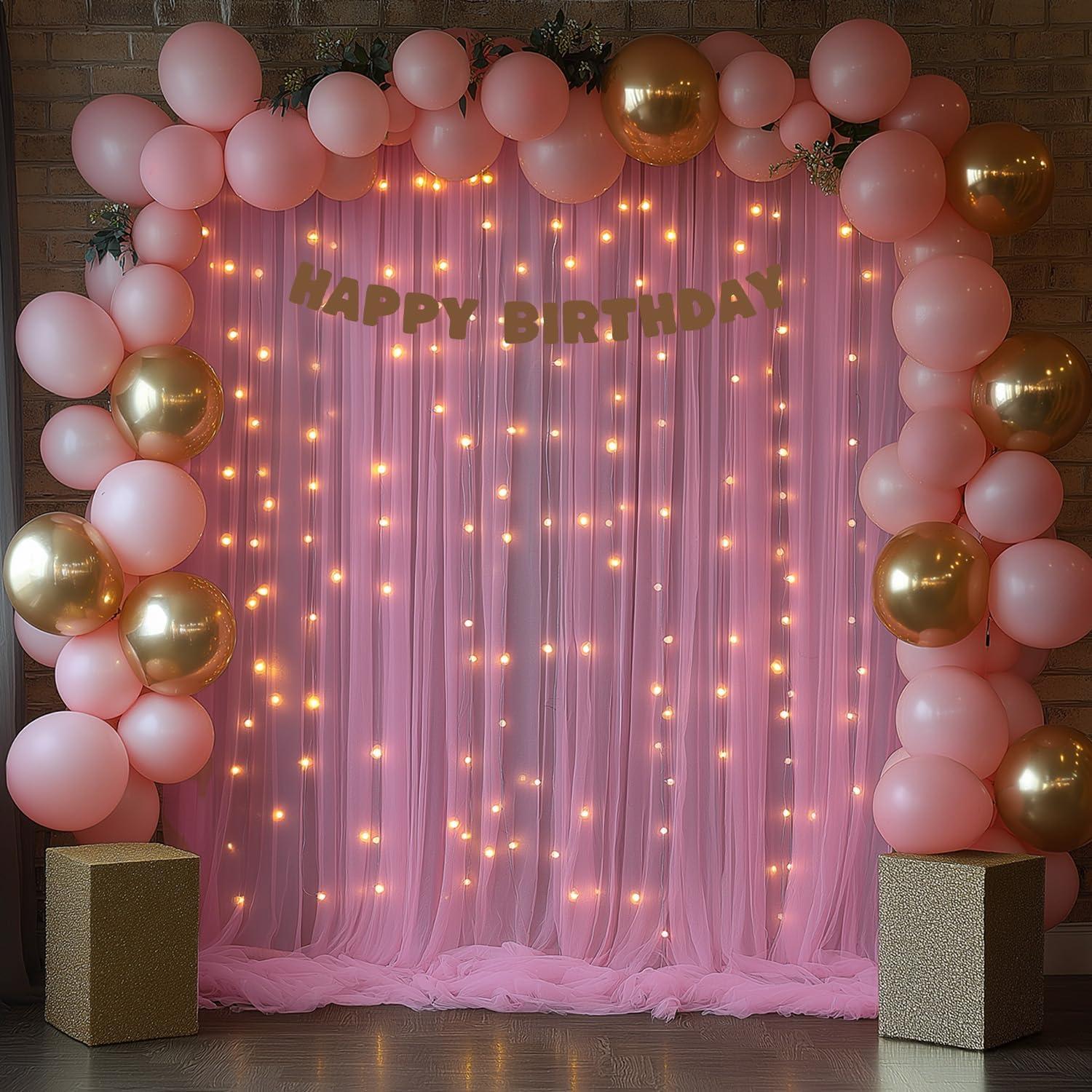 Cortina de Tul Rosa con Luces 3.05x2.44m - 2 Paneles