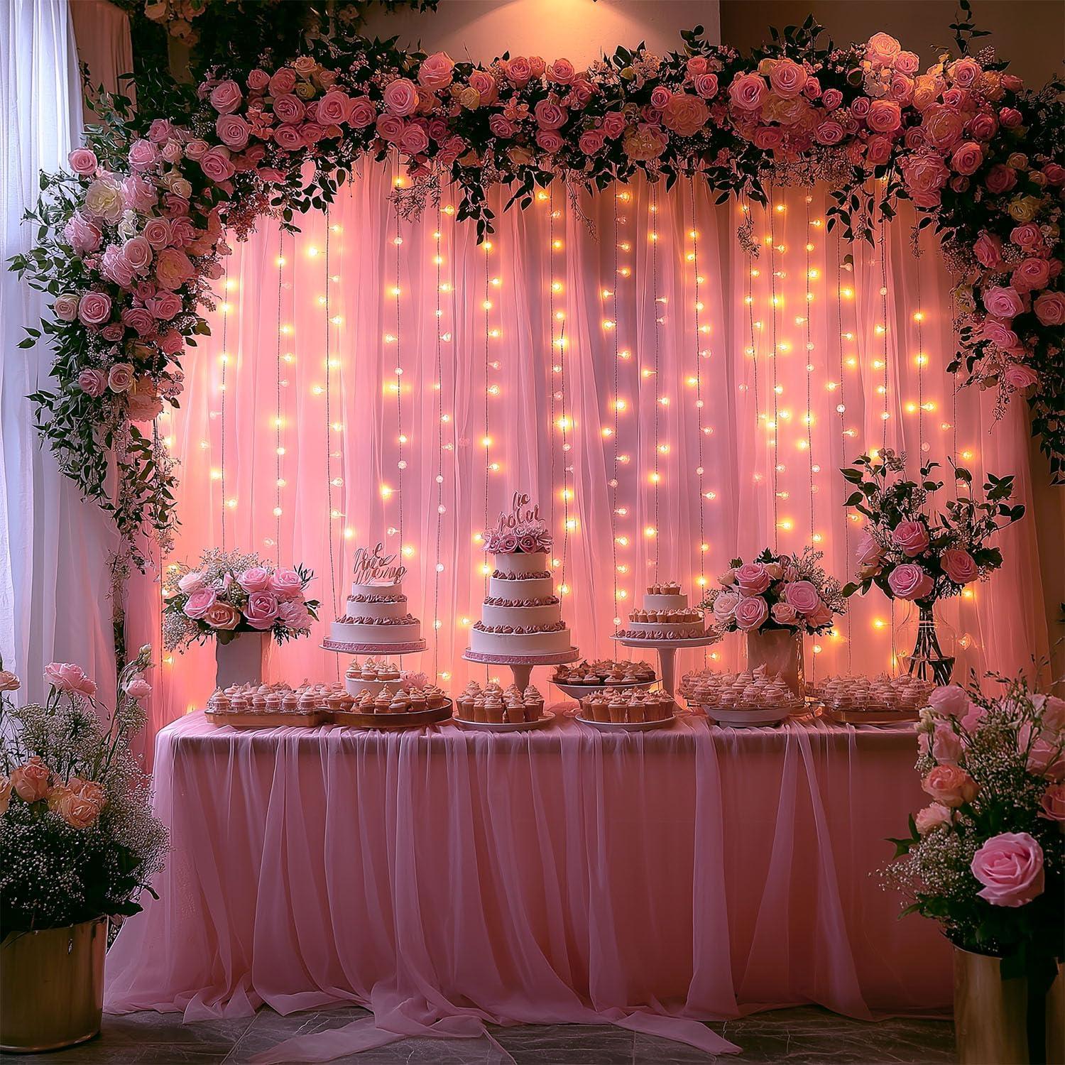 Cortina de Tul Rosa con Luces 3.05x2.44m - 2 Paneles