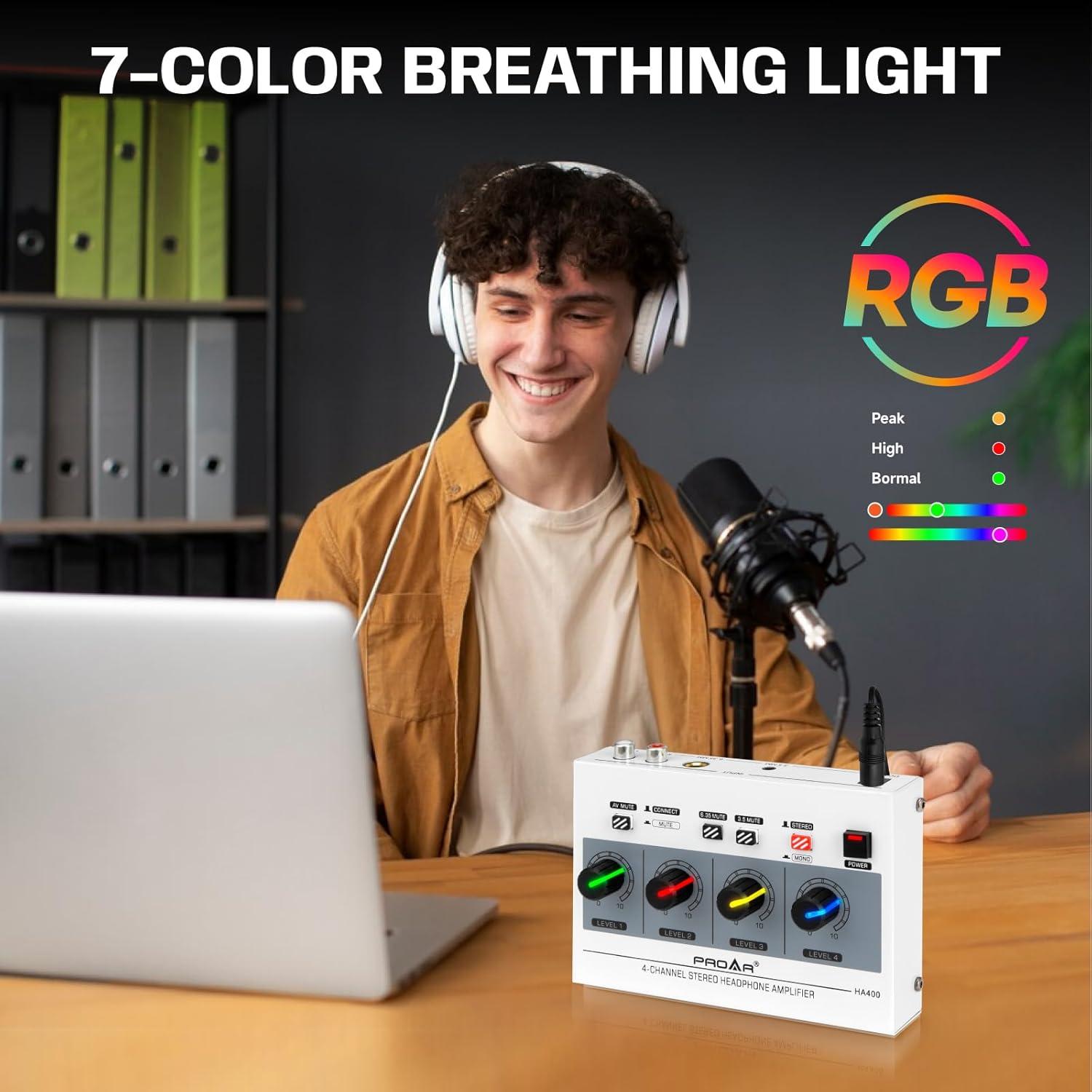 Amplificador de Auriculares PROAR 4 Canales con Luz Multicolor