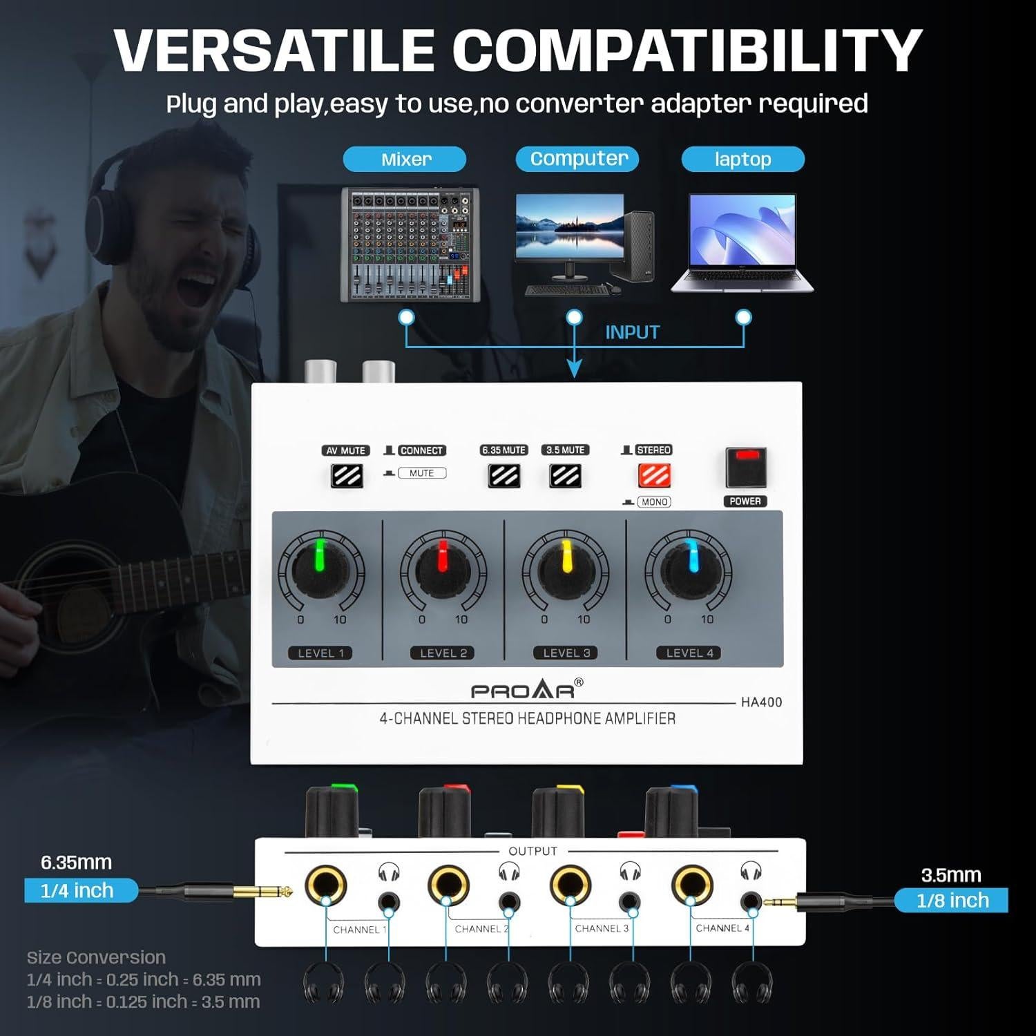Amplificador de Auriculares PROAR 4 Canales con Luz Multicolor