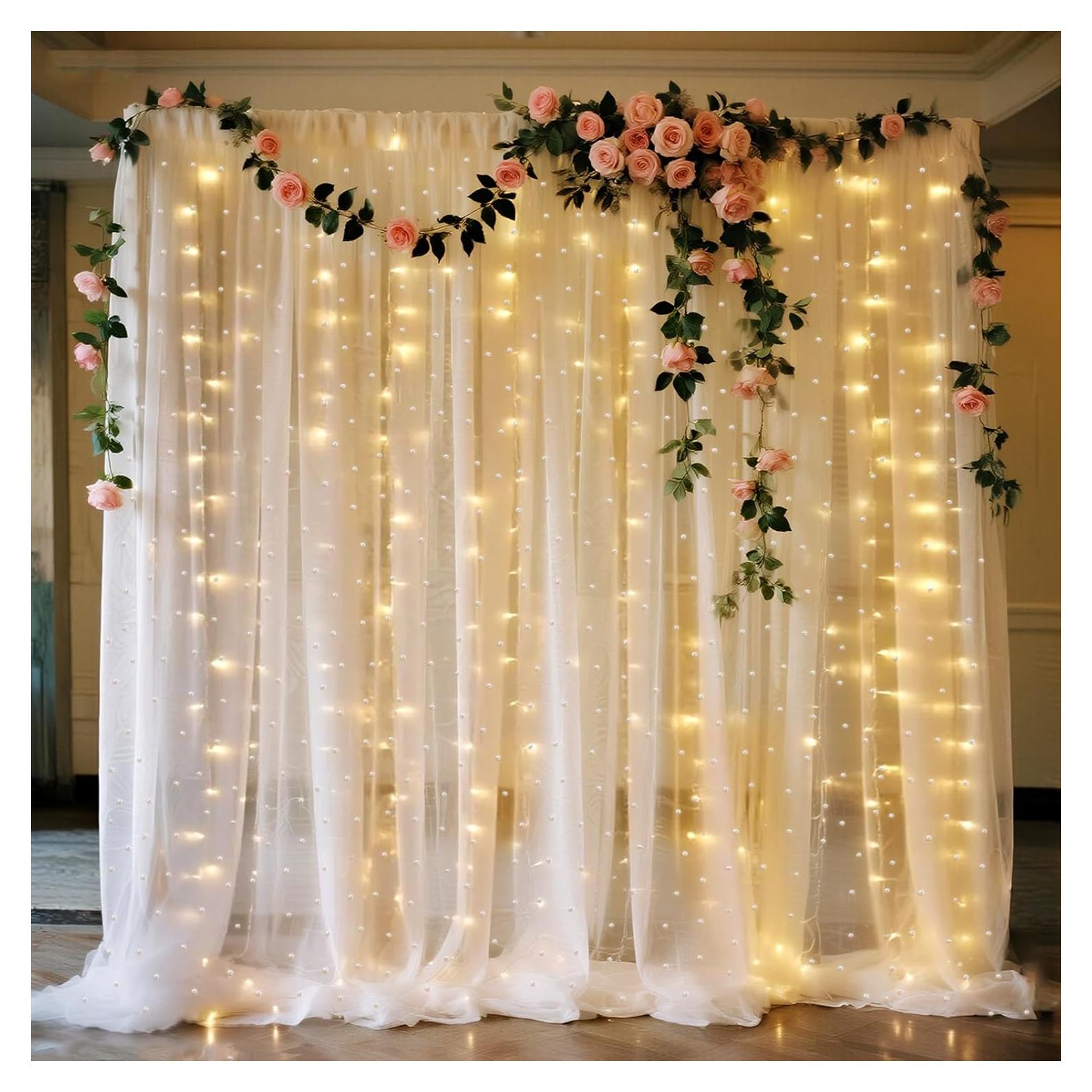 Cortina de fondo de tul blanca perla 3m con luces LED Quandjk