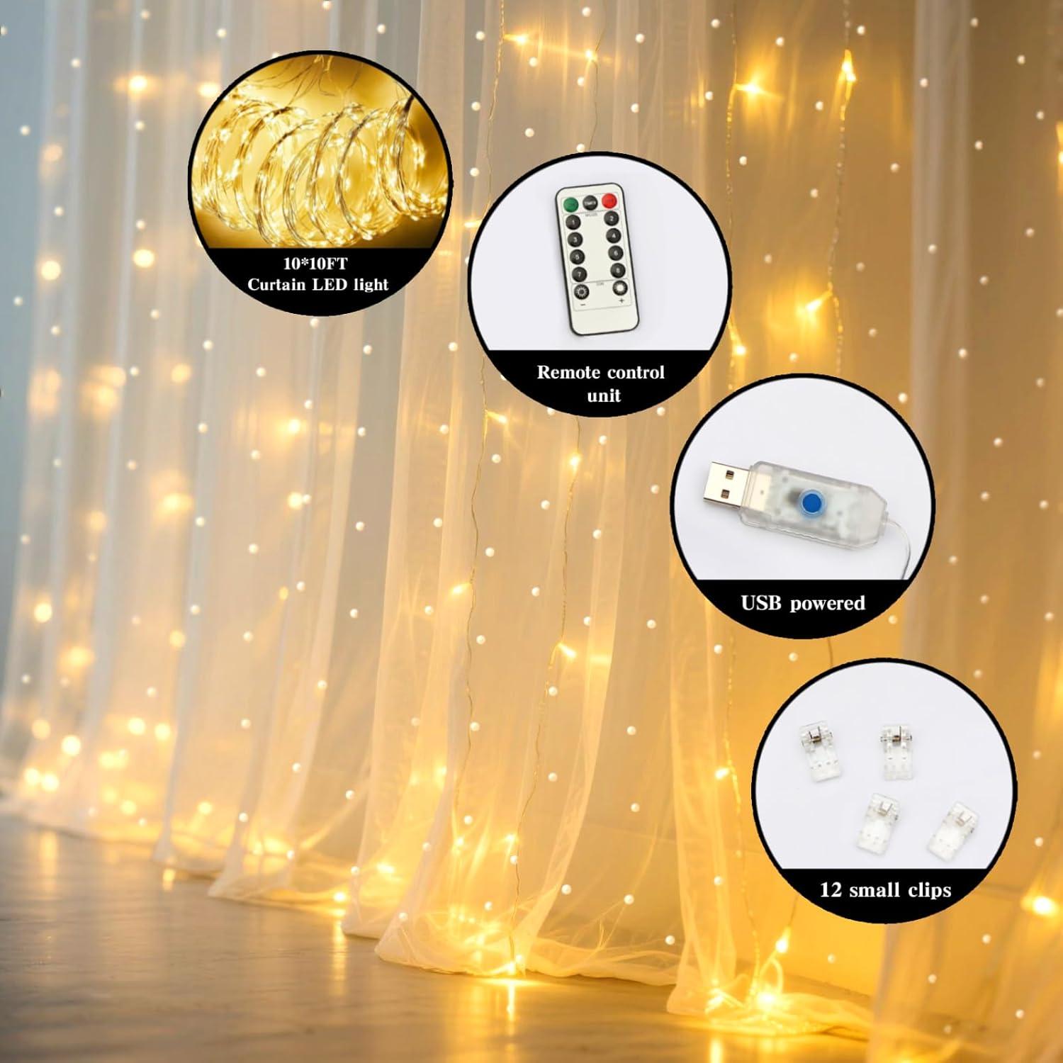 Cortina de fondo de tul blanca perla 3m con luces LED Quandjk