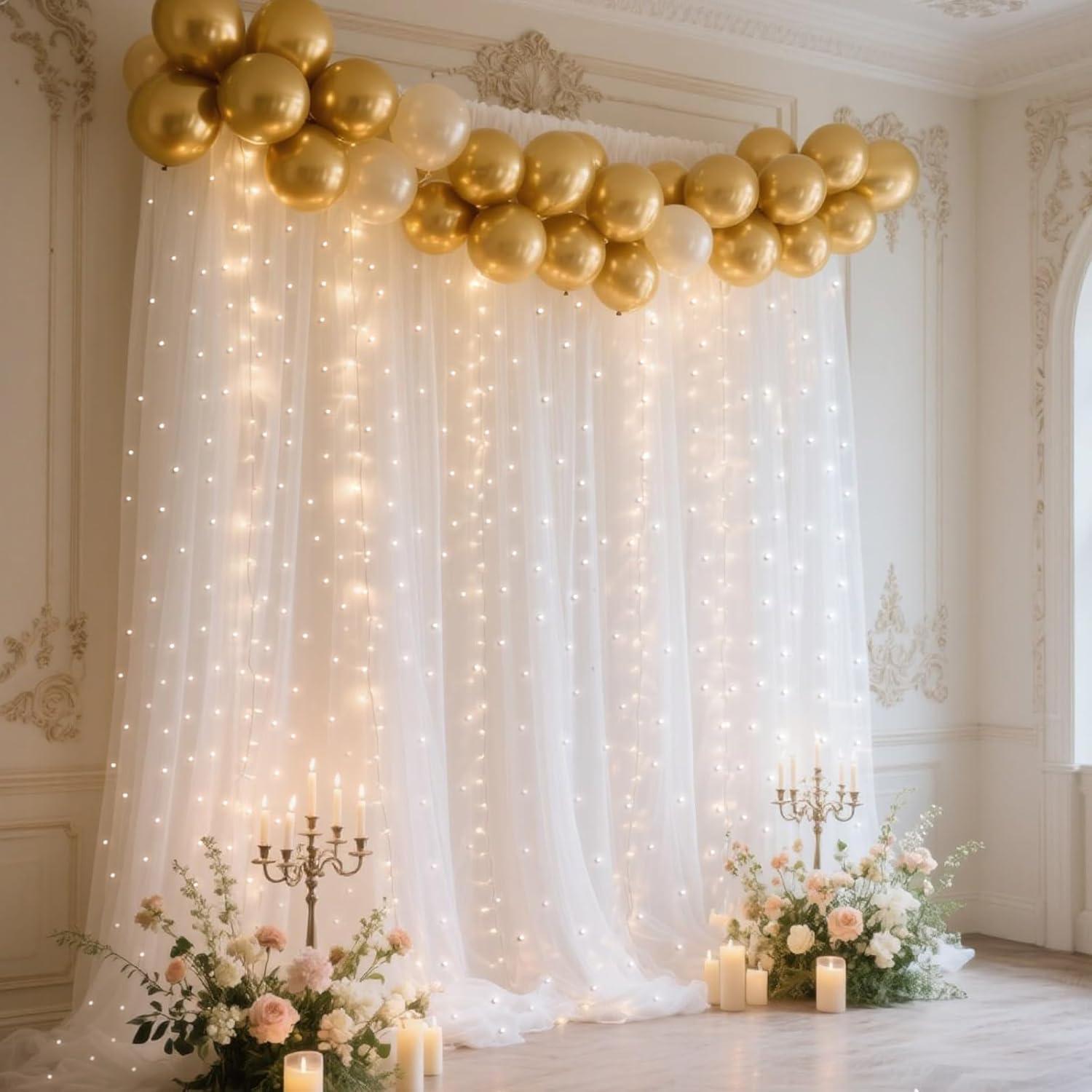 Cortina de fondo de tul blanca perla 3m con luces LED Quandjk