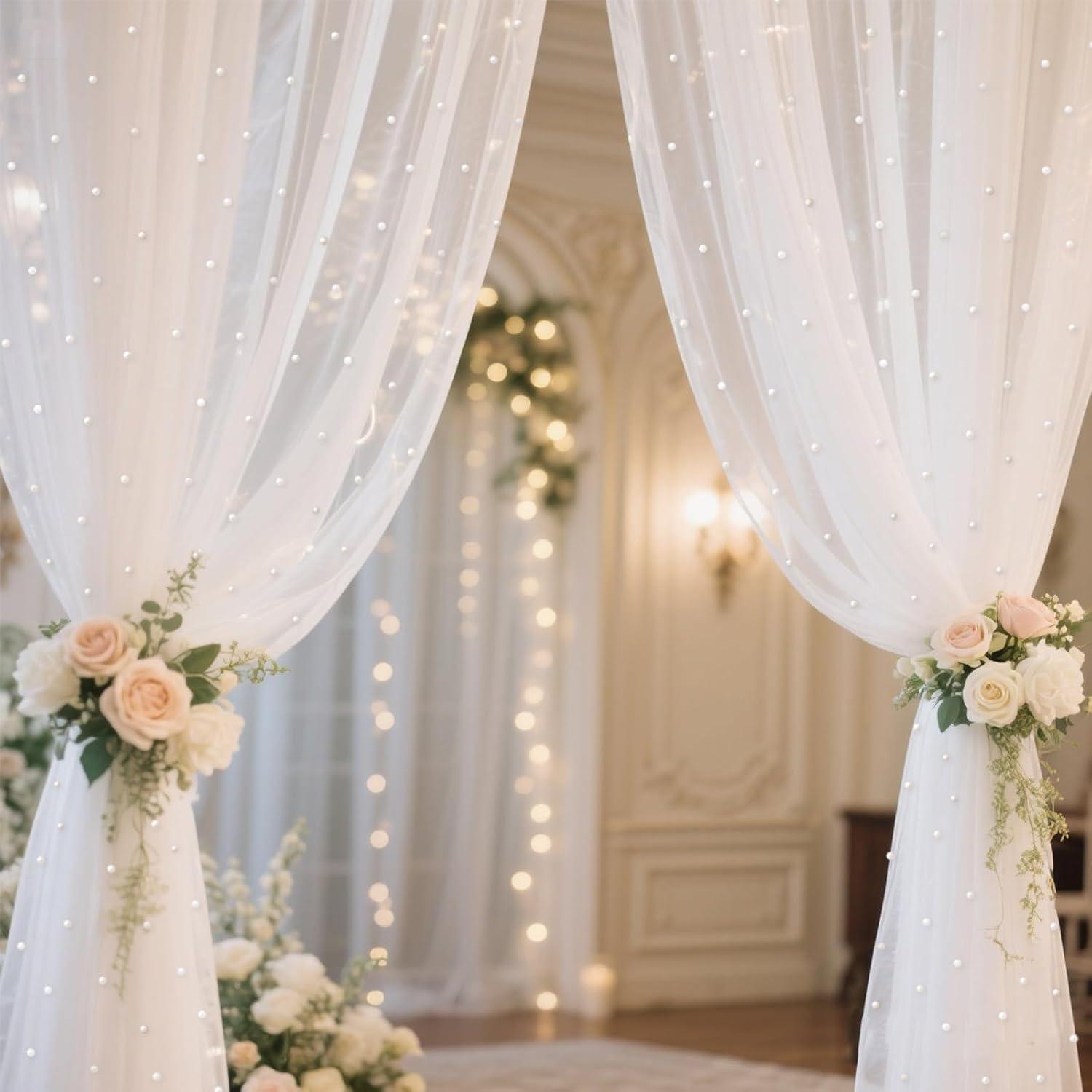Cortina de fondo de tul blanca perla 3m con luces LED Quandjk
