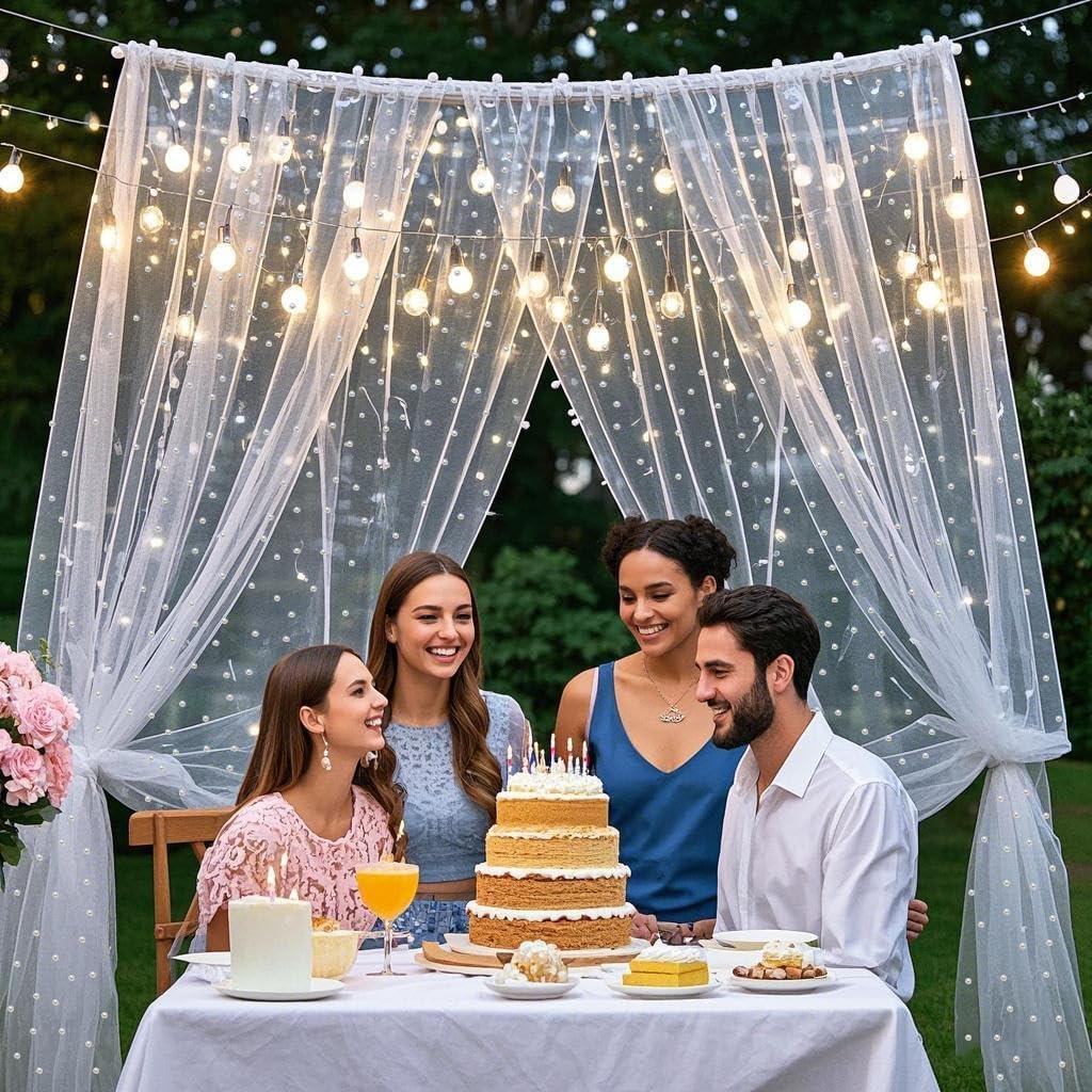 Cortina de fondo de tul blanca perla 3m con luces LED Quandjk