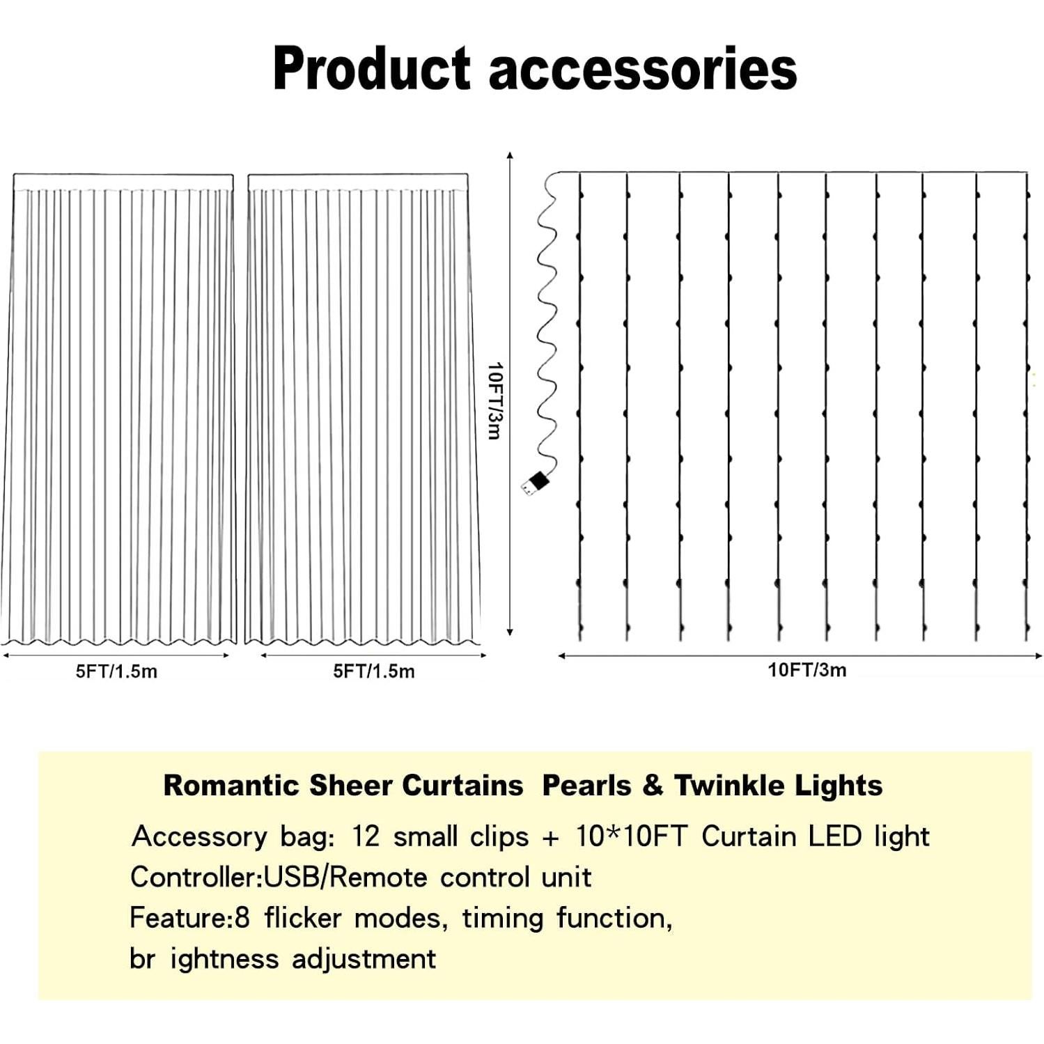 Cortina de fondo de tul blanca perla 3m con luces LED Quandjk