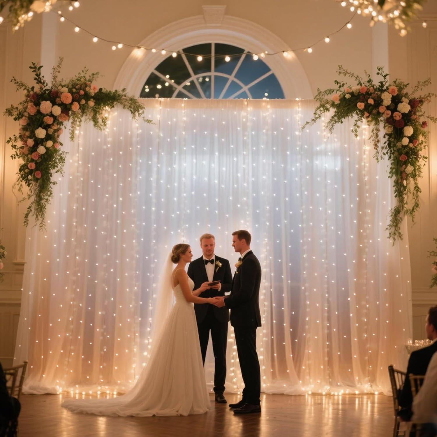 Cortina de fondo de tul blanca perla 3m con luces LED Quandjk