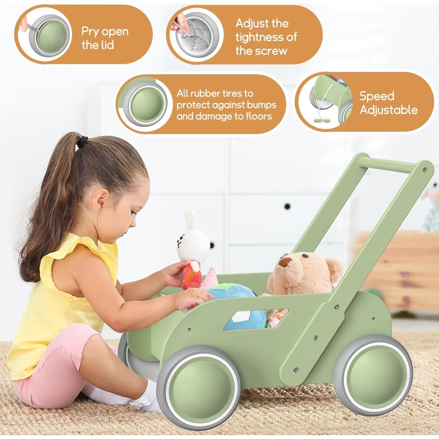 Andador de Madera para Bebés HOMEKOL Verde Natural - Multifuncional