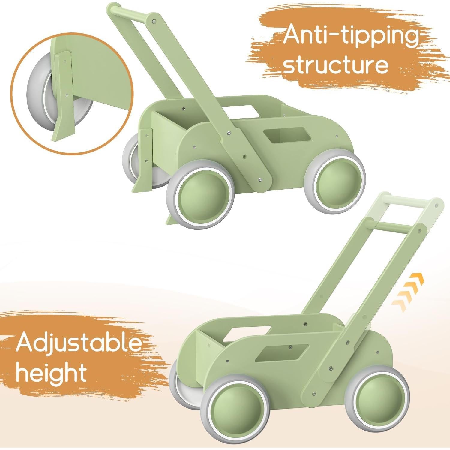 Andador de Madera para Bebés HOMEKOL Verde Natural - Multifuncional