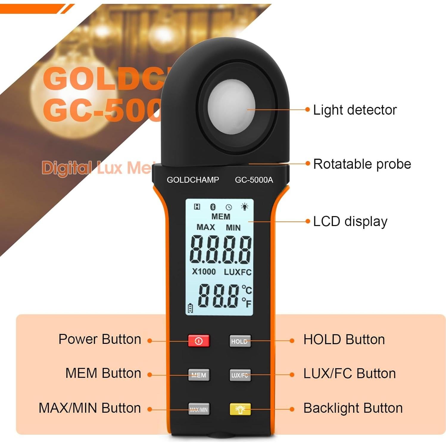 Medidor Digital de Iluminancia GOLDCHAMP GC-5000A 400,000 Lux
