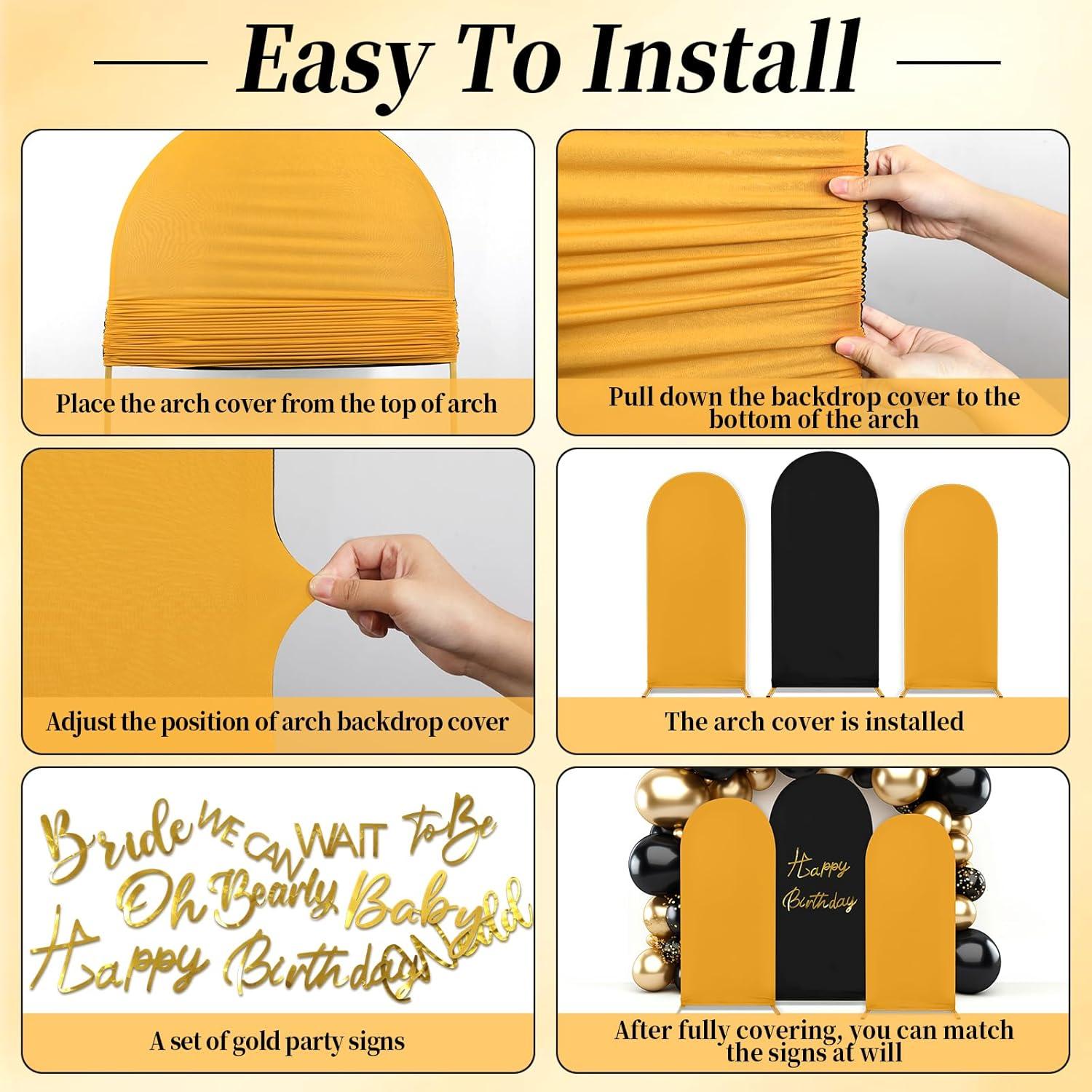 Juego de Cubiertas de Arco de Boda Spandex Negro y Oro 3 Pzas