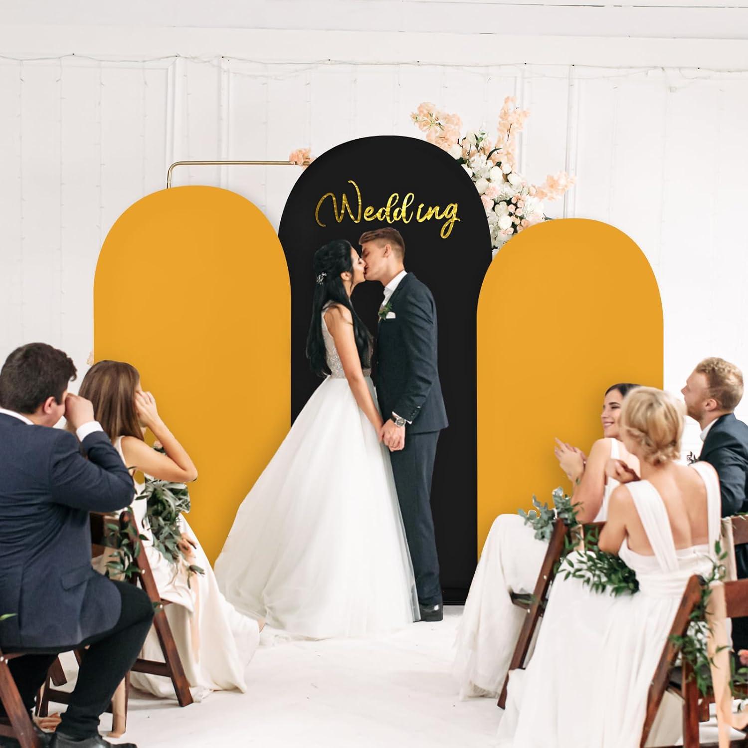 Juego de Cubiertas de Arco de Boda Spandex Negro y Oro 3 Pzas