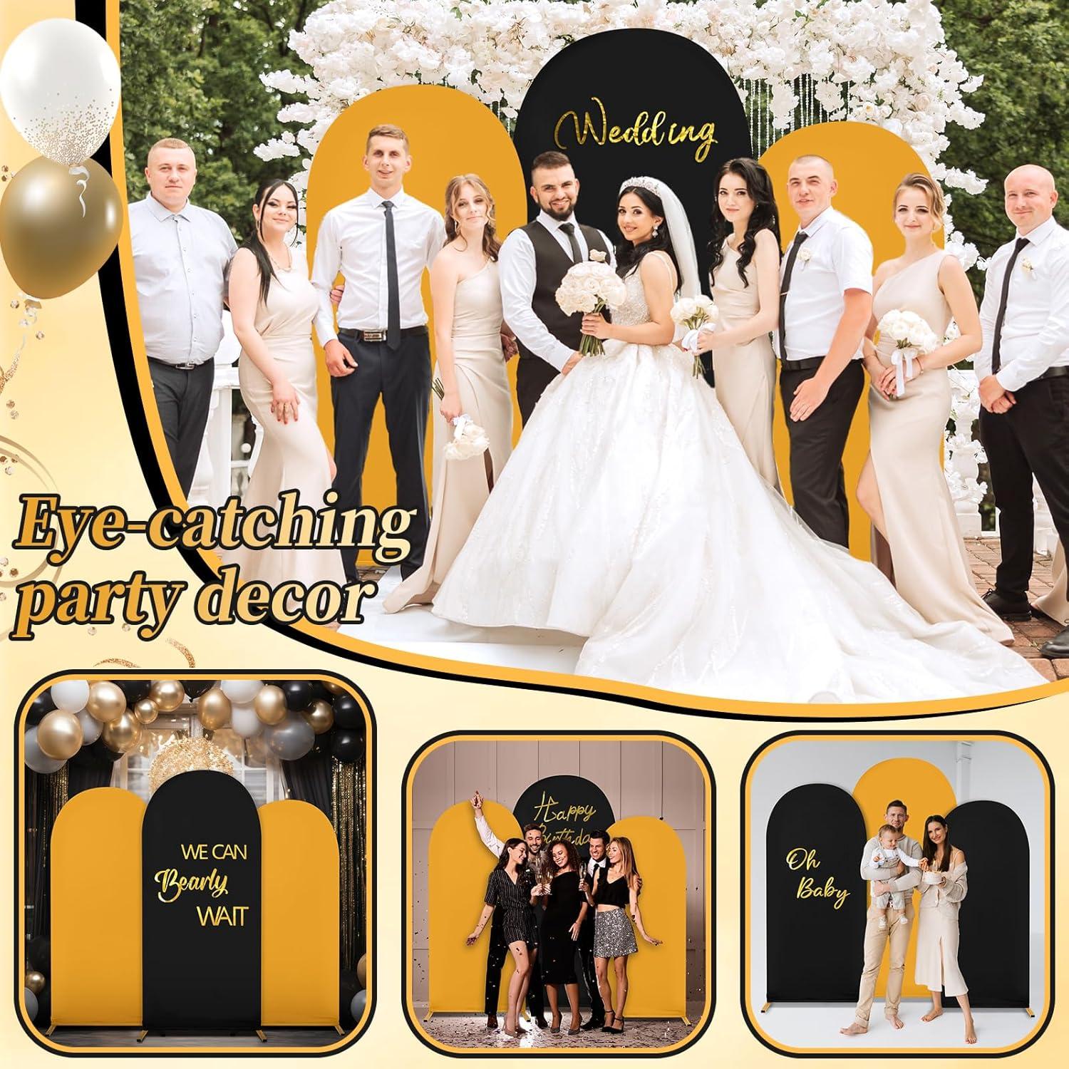 Juego de Cubiertas de Arco de Boda Spandex Negro y Oro 3 Pzas