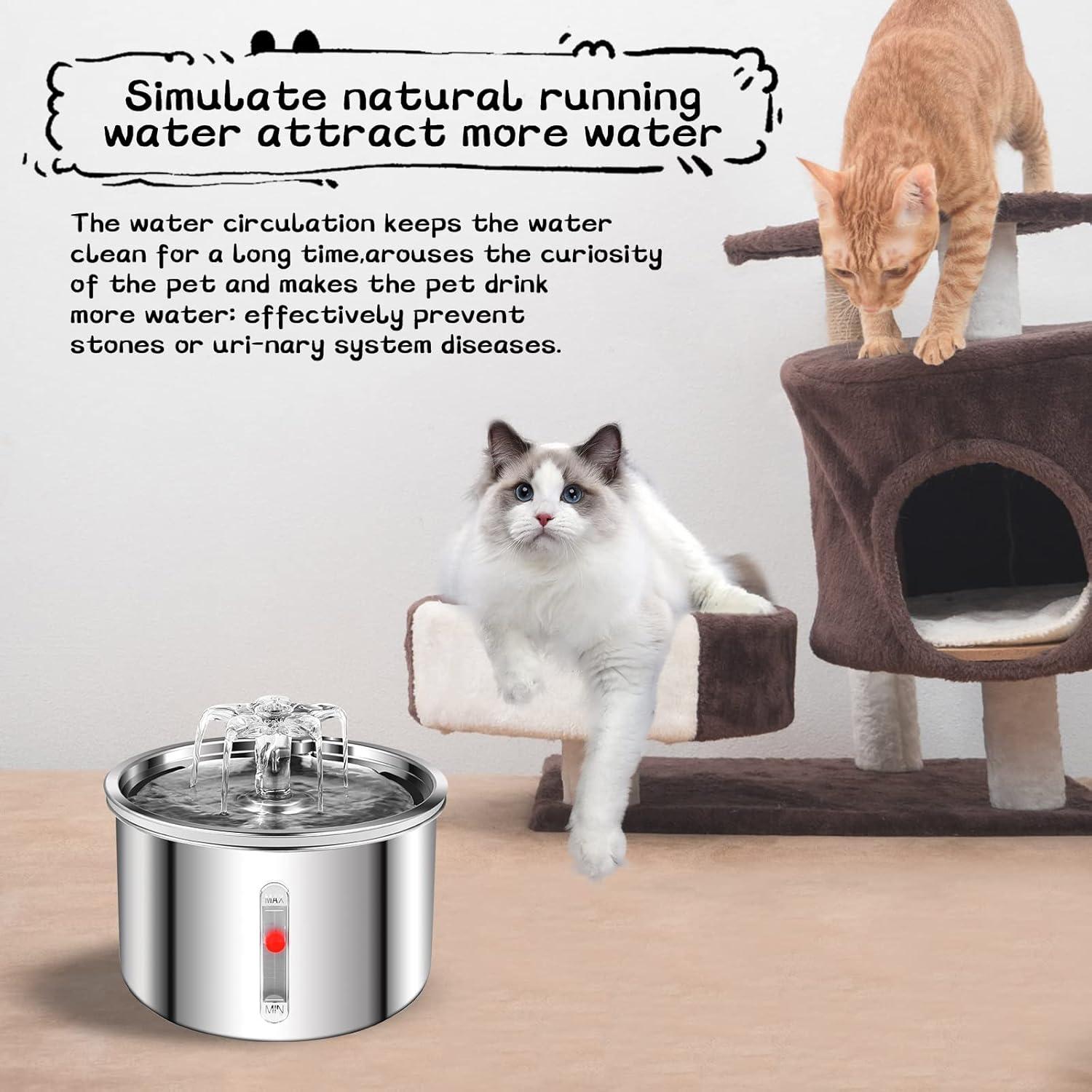 Fuente de Agua para Gatos AZZXZQYU 2L Acero Inoxidable Silenciosa