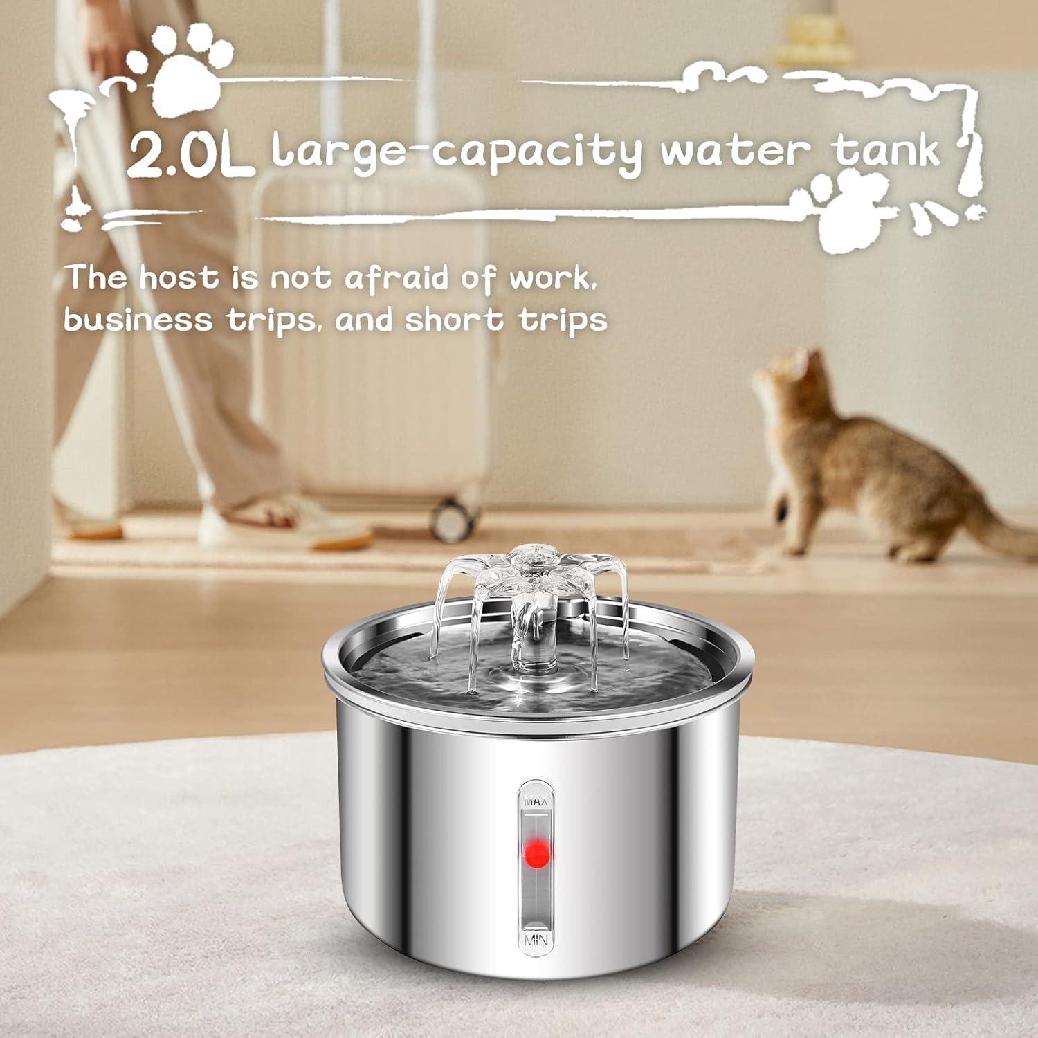 Fuente de Agua para Gatos AZZXZQYU 2L Acero Inoxidable Silenciosa