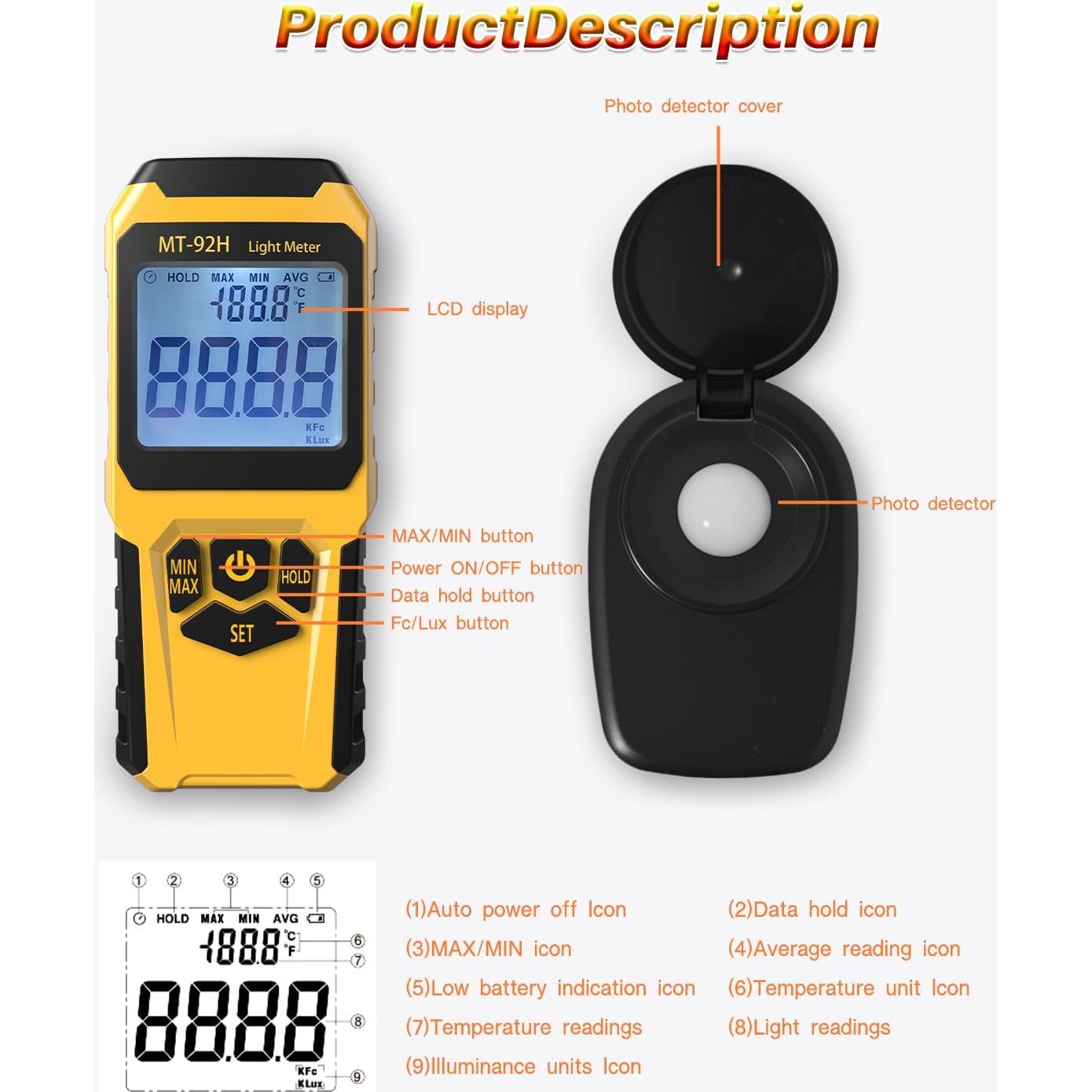 Medidor de Luz URCERI MT-92H 0-200,000 Lux Sensor Dividido