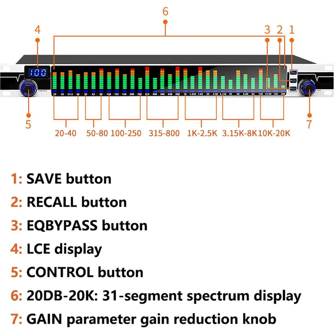 Ecualizador Gráfico Profesional CDULOKLB 31 Bandas LED 10 Efectos