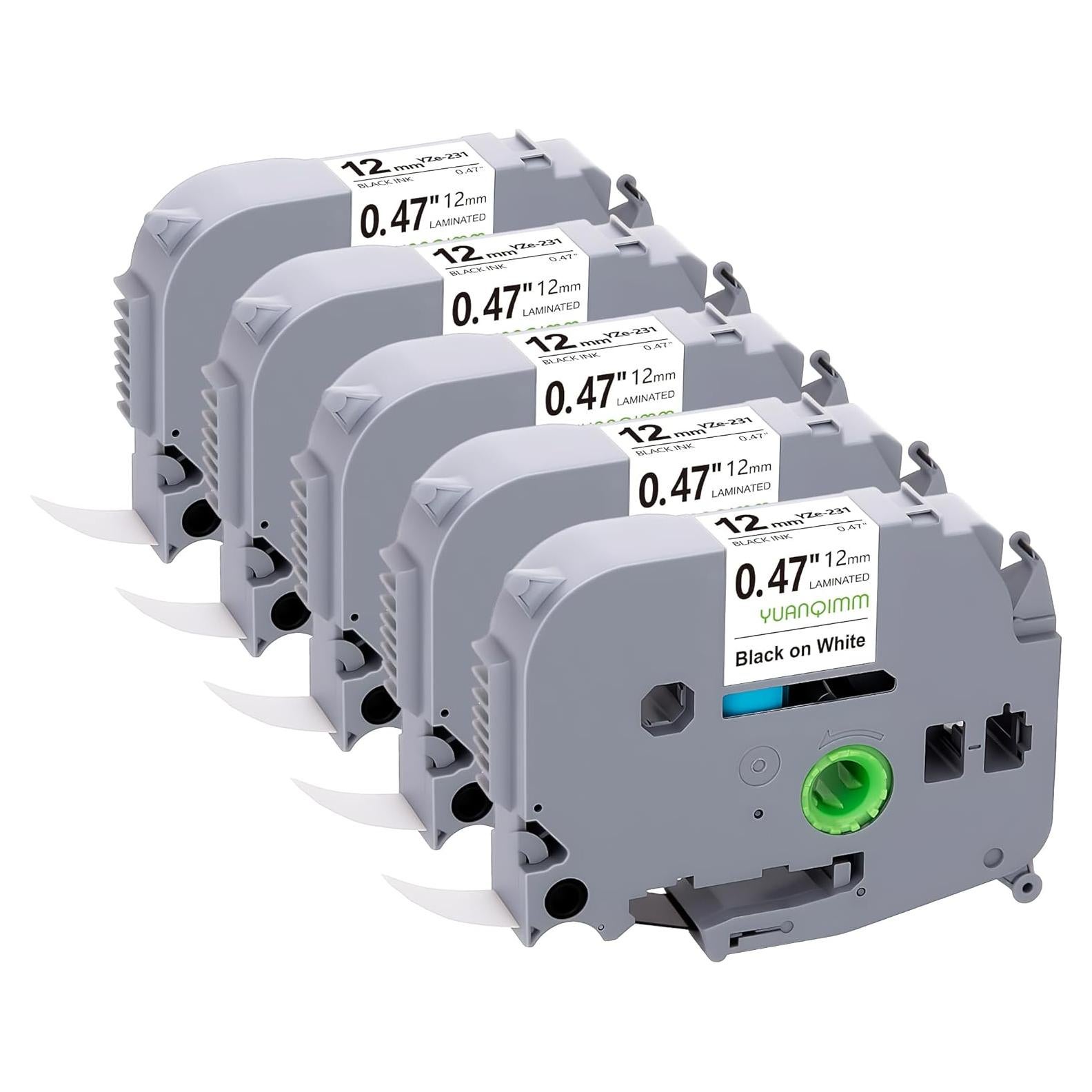 Cinta de Etiquetas Laminada 12mm YUANQIMM Negra sobre Blanca - Paquete de 5