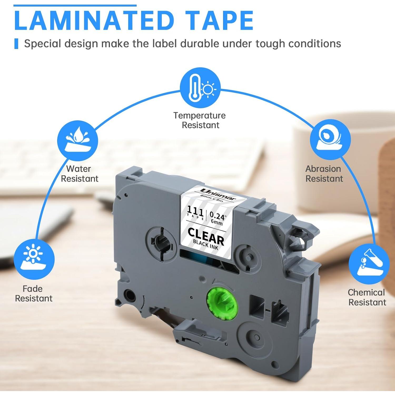 Cinta de Etiquetado Unismar TZe-111 6mm Negro Transparente 6-Pack