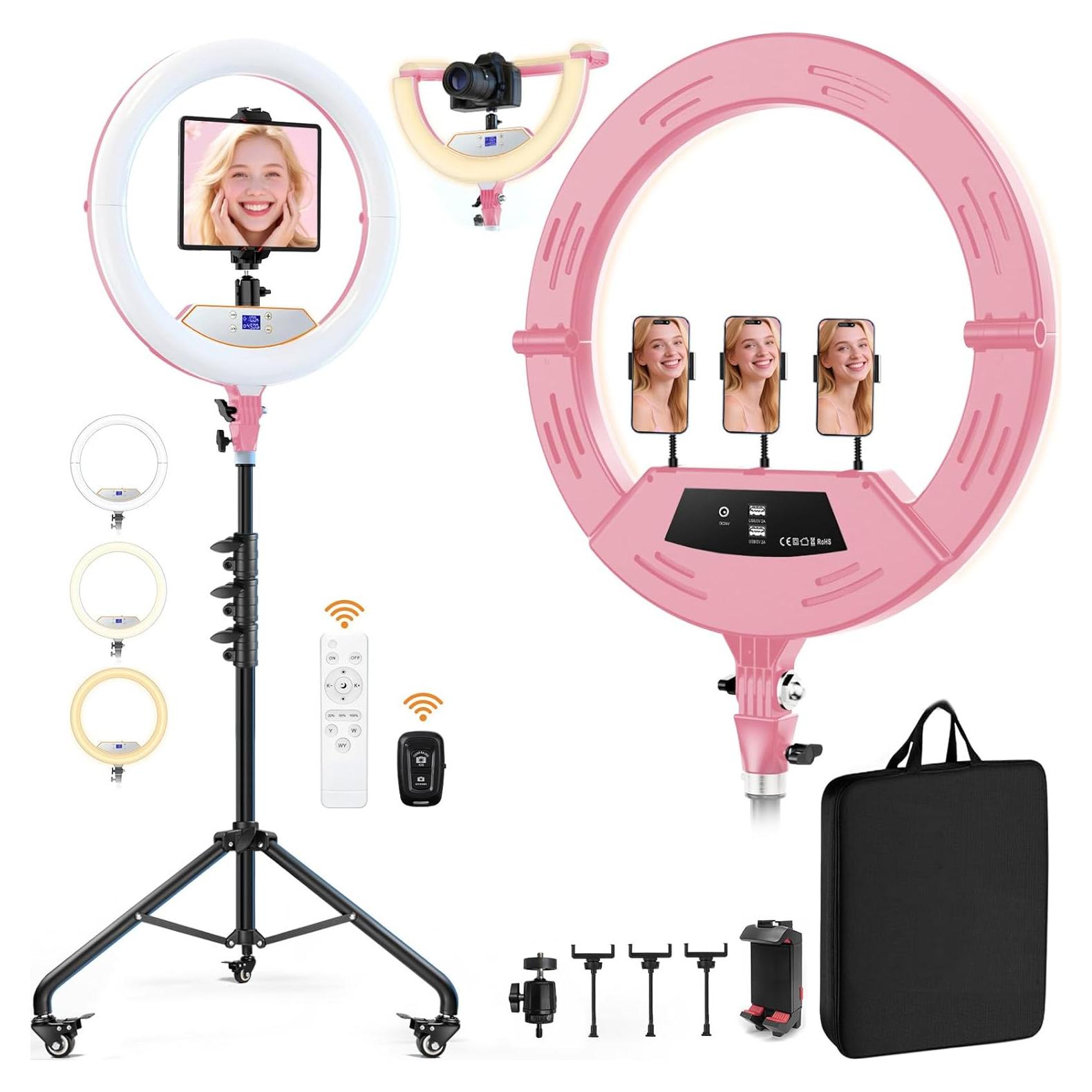 Luz de Anillo Plegable MACTREM 22" (56cm) Rosa con Soporte