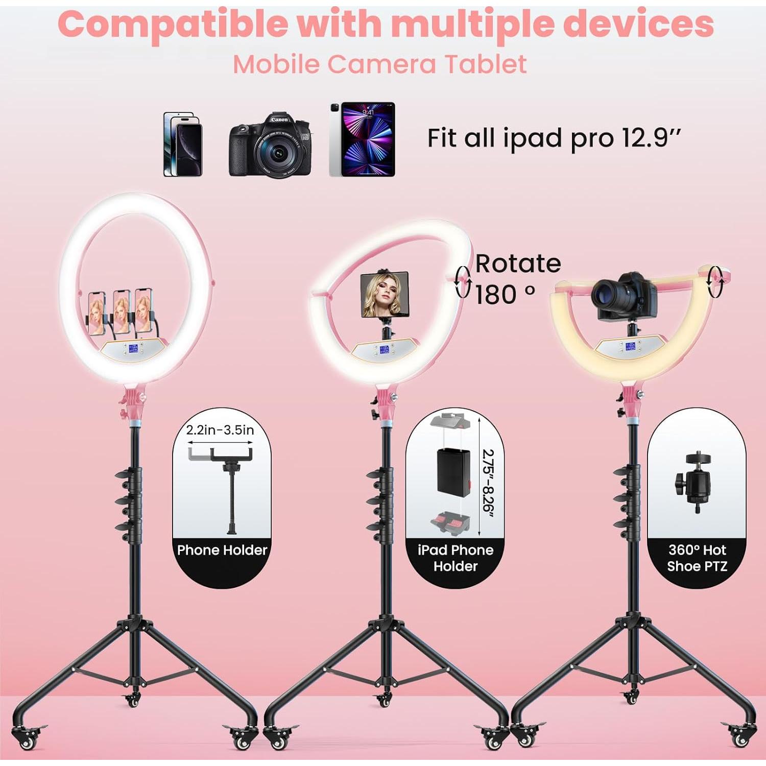 Luz de Anillo Plegable MACTREM 22" (56cm) Rosa con Soporte