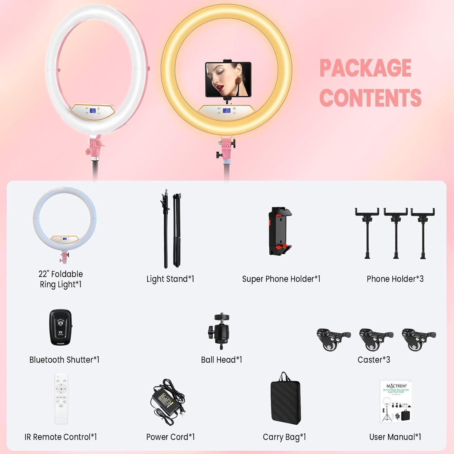 Luz de Anillo Plegable MACTREM 22" (56cm) Rosa con Soporte