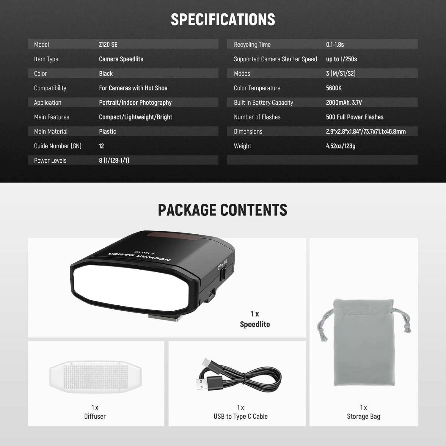 Flash de Cámara NEEWER Z120 SE 5600K GN12 Compacto