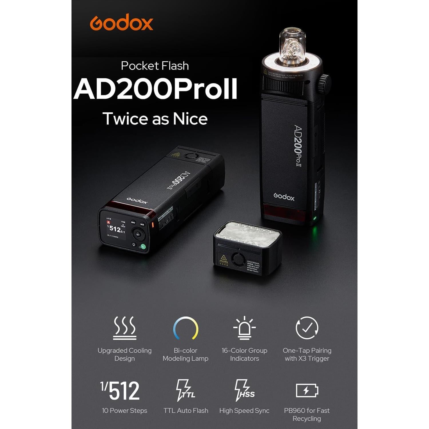 Flash de Estudio Portátil Godox AD200 Pro II 200Ws TTL HSS