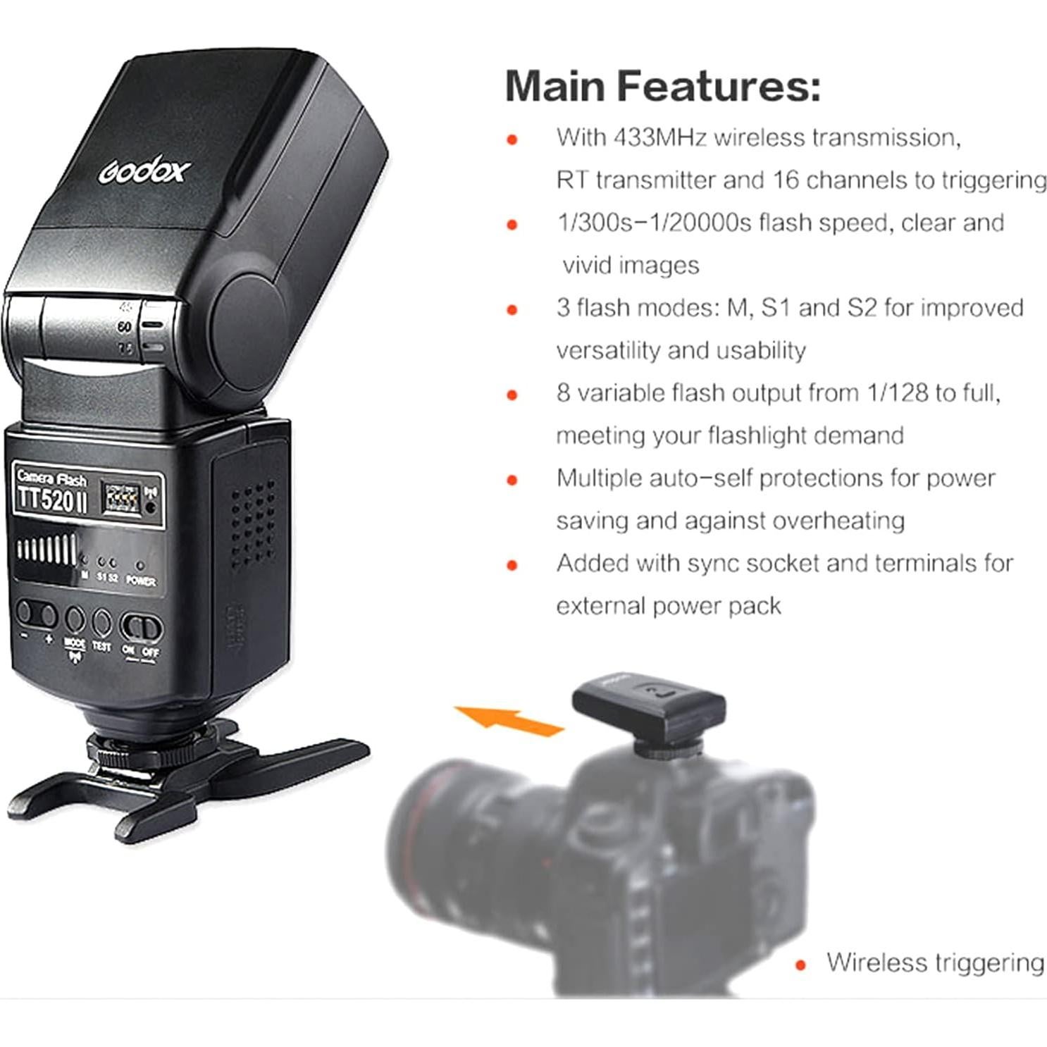 Flash Godox TT520II Speedlite Inalámbrico para DSLR Canon Nikon