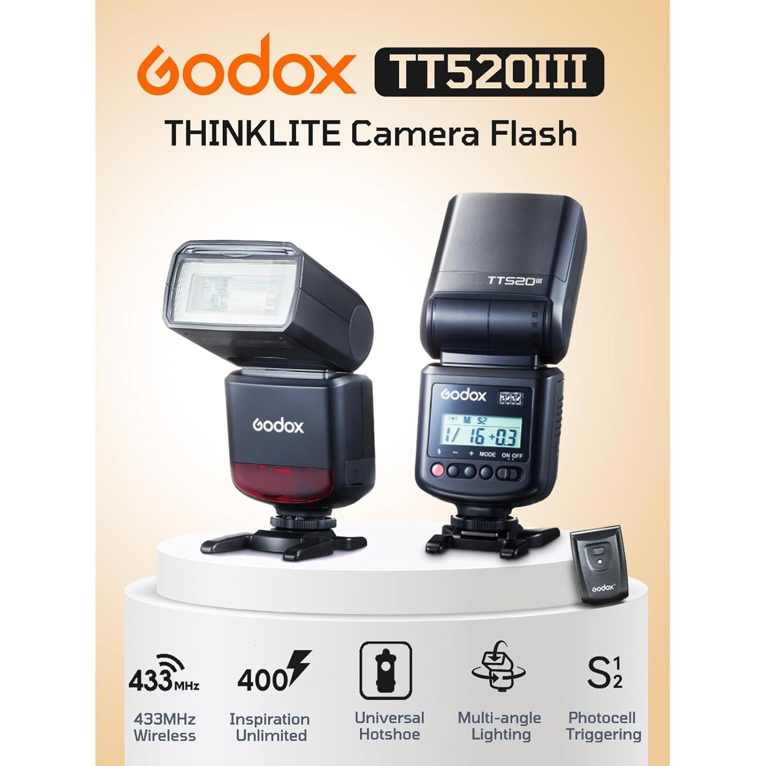 Flash Godox TT520III para Cámara - 33 GN, Inalámbrico 433MHz