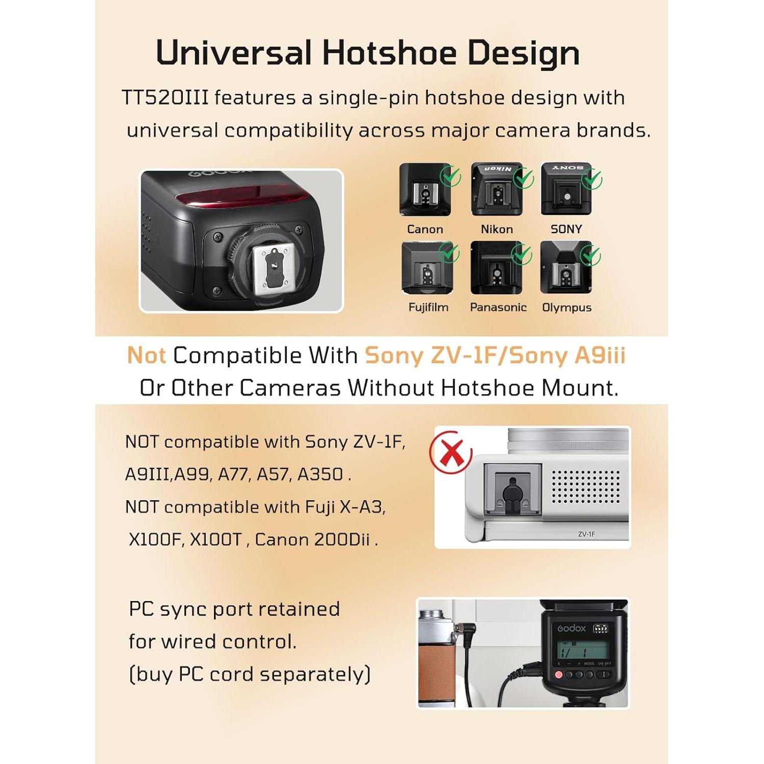 Flash Godox TT520III para Cámara - 33 GN, Inalámbrico 433MHz