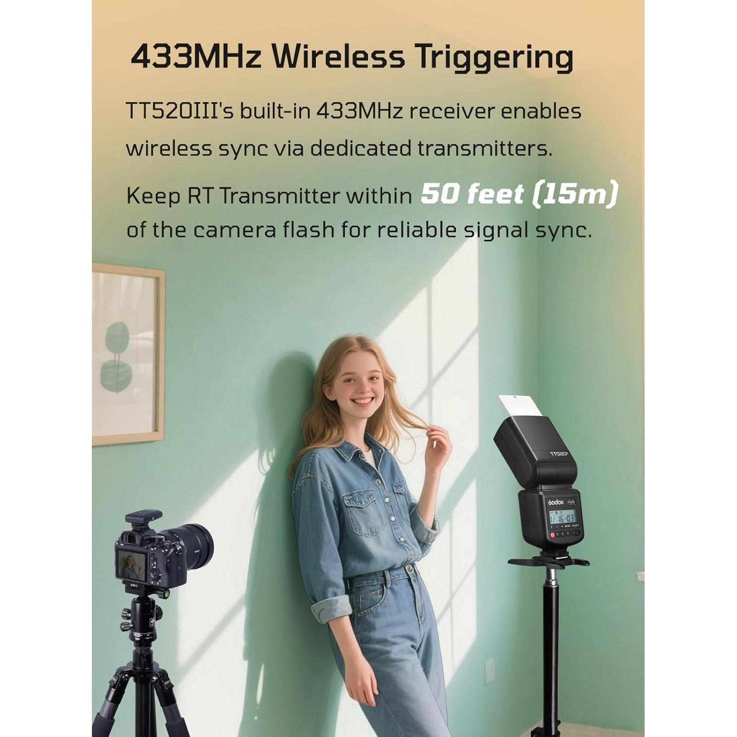 Flash Godox TT520III para Cámara - 33 GN, Inalámbrico 433MHz