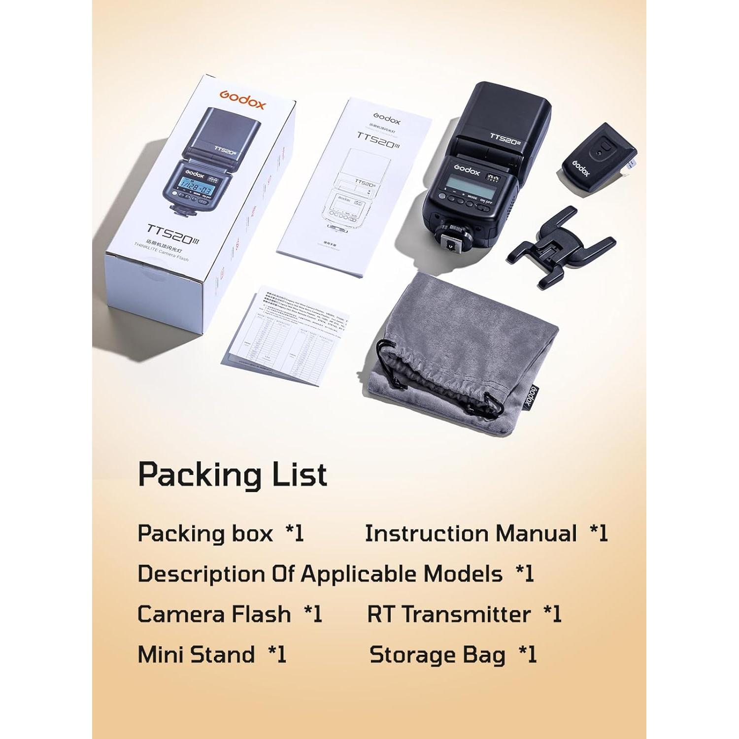 Flash Godox TT520III para Cámara - 33 GN, Inalámbrico 433MHz