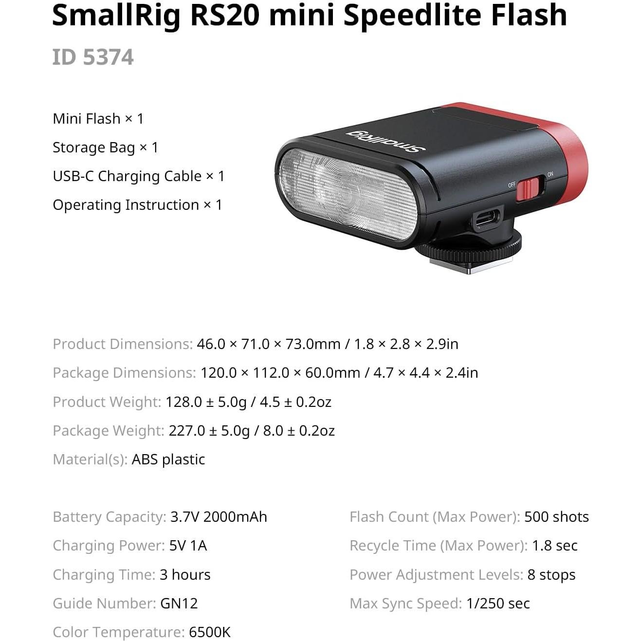 Flash Mini RS20 SmallRig para Canon y Sony, 2000mAh, 500 Flashes