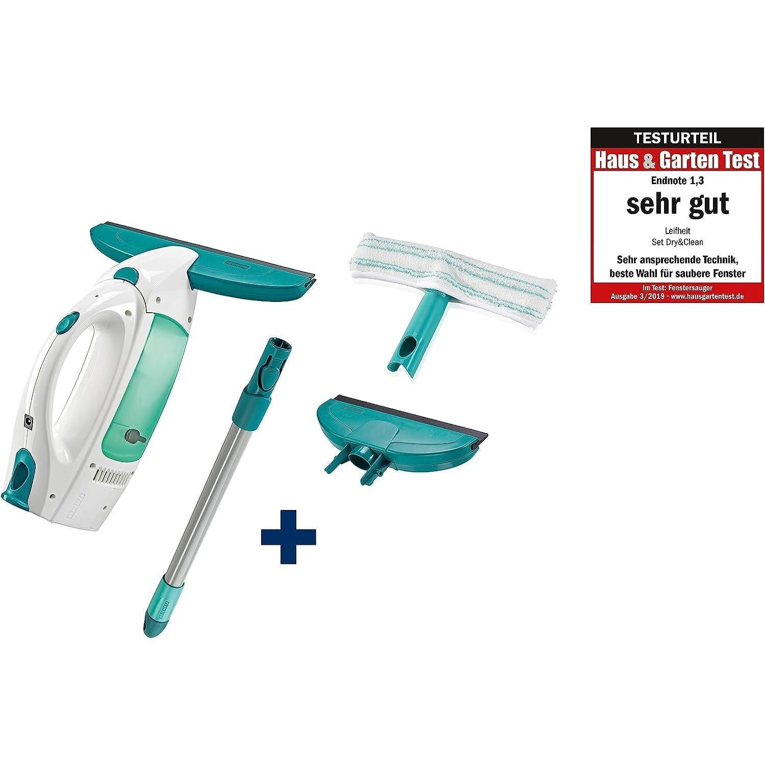 Leifheit Dry & Clean Window Vacuum Cleaner Set with 43cm Handle and Washers, Window Cleaning Kit up to 35 Minutes of Power, Electric Window Cleaner